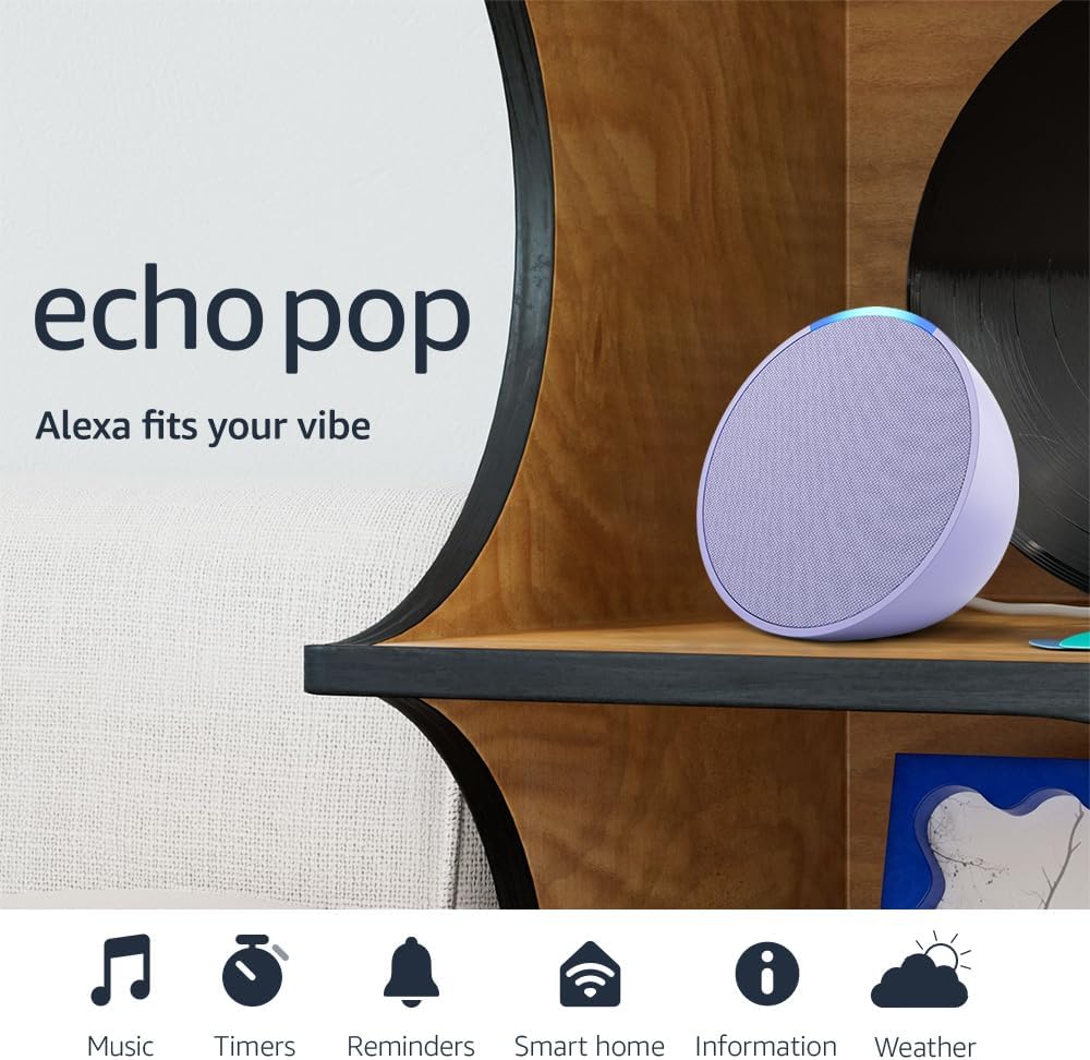 Amazon Echo Pop (newest model), Our smallest speaker with Alexa+ Early Access, Fits in any room, Lavender Bloom