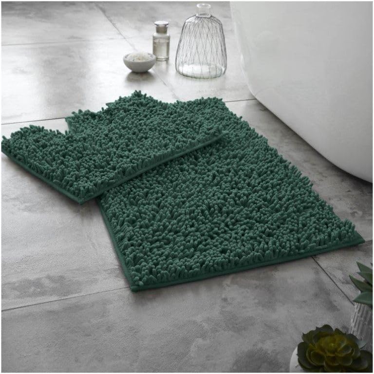 GC GAVENO CAVAILIALoop Bath Mat Sets 2 Piece Washable Toilet Rug, 100% Microfiber Chenille Bath Mats, Quick Dry Pedestal Dark Green Bathmat, Super Absorbent Non Slip Shower Mat