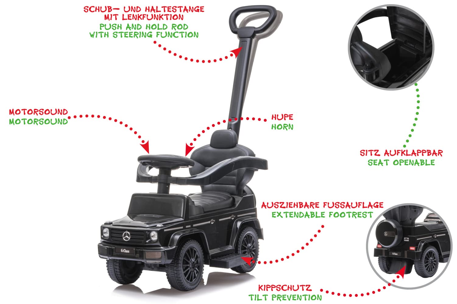 Rutscher Mercedes-Benz G 350 d 3in1 – ab 12 Monate, Sitzhöhe 260 mm, Kippschutz, Schutzbügel, Schub-und Haltestange mit Lenkfunktion abnehmbar, Schwarz