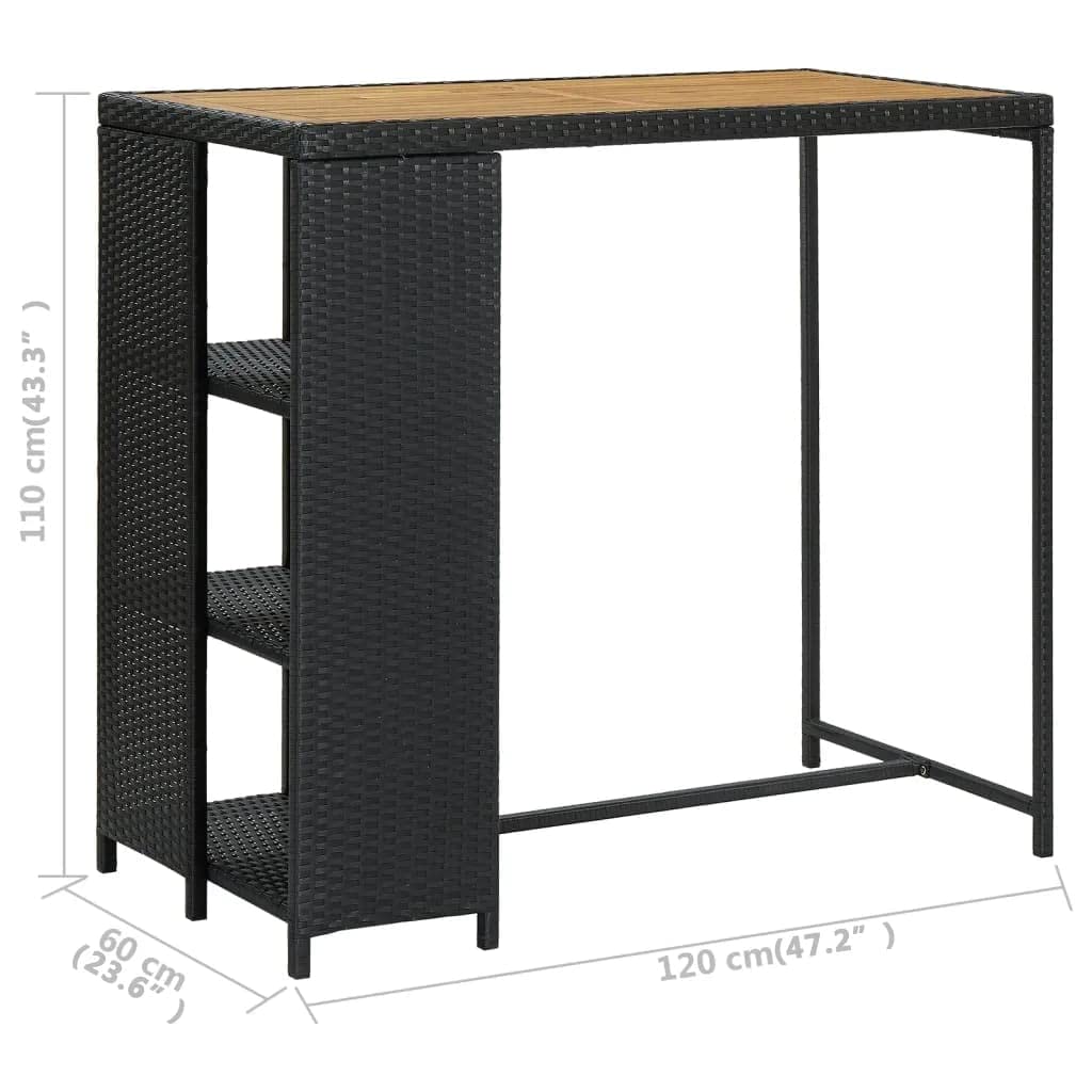 Fengshui Poly Rattan stół barowy z regałem, czarny, 120 x 60 x 110 cm