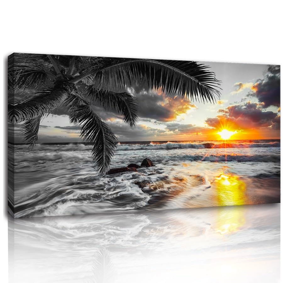 Yxbhhym-Large Canvas Ocean Wall Art Black White Gold Wall Art Beach Pictures for Walls Sunrise Seascape Scenery Print Palm Poster Wave Sea Artwork for Wall Art Living Room Office Wall Decor Bedroom