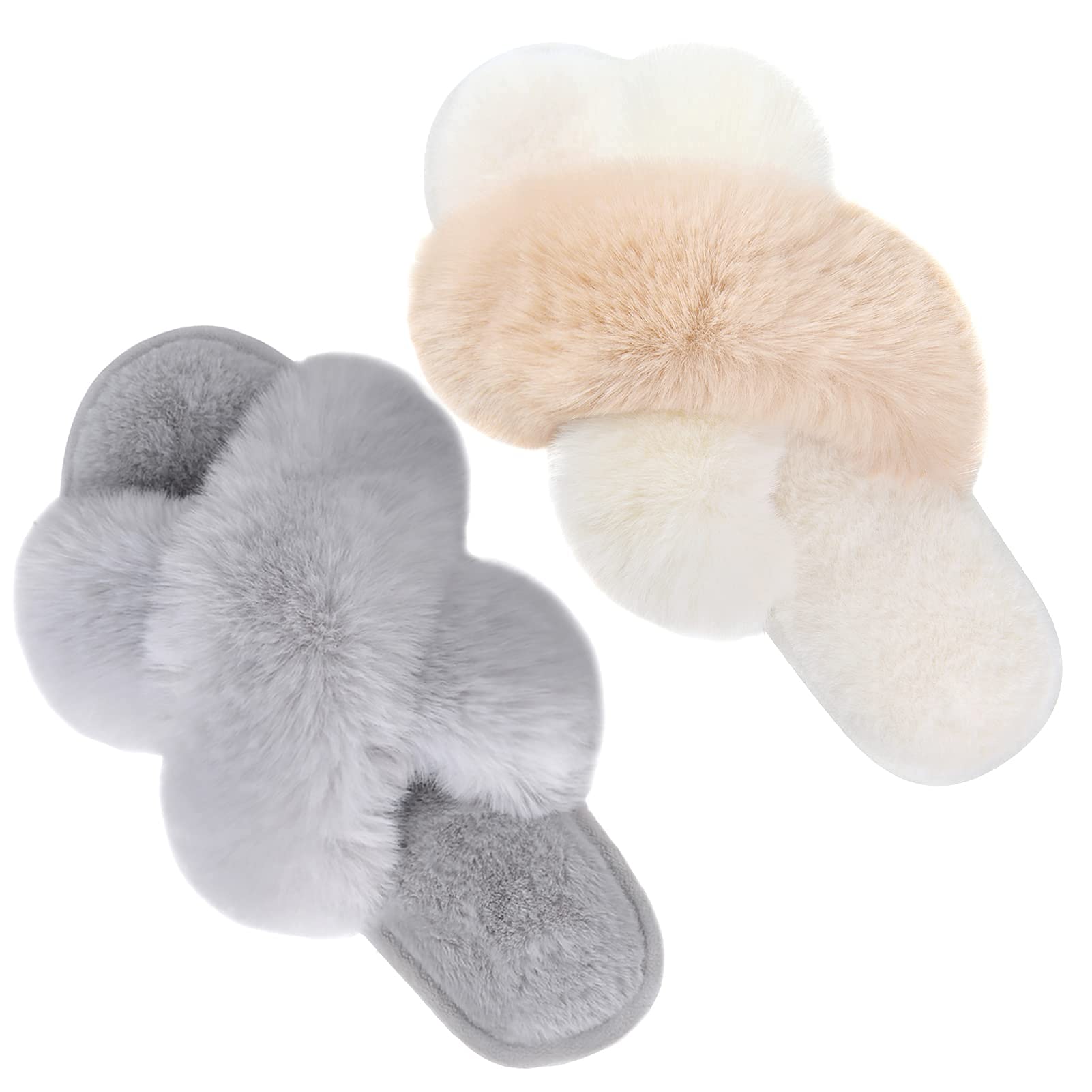 Parlovable Set of 2 Pairs-Women's Plush Cross Band Slippers Furry Fur Open Toe Cozy House Shoes Comfy Anti-Slip, US Size 7-8 (Grey,White/Camel)