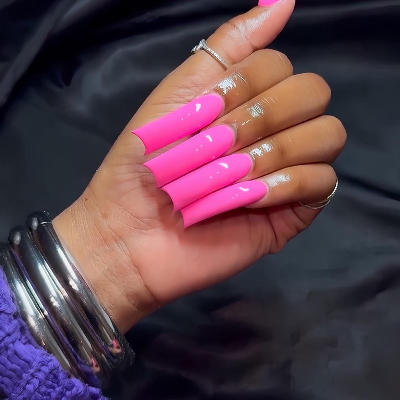 Pink Full Cover Press on Nails Curved Fake Nails Extra Long Square False Nails Glossy Glue on Nails Reusable Artificial Acrylic Stick on Nails for