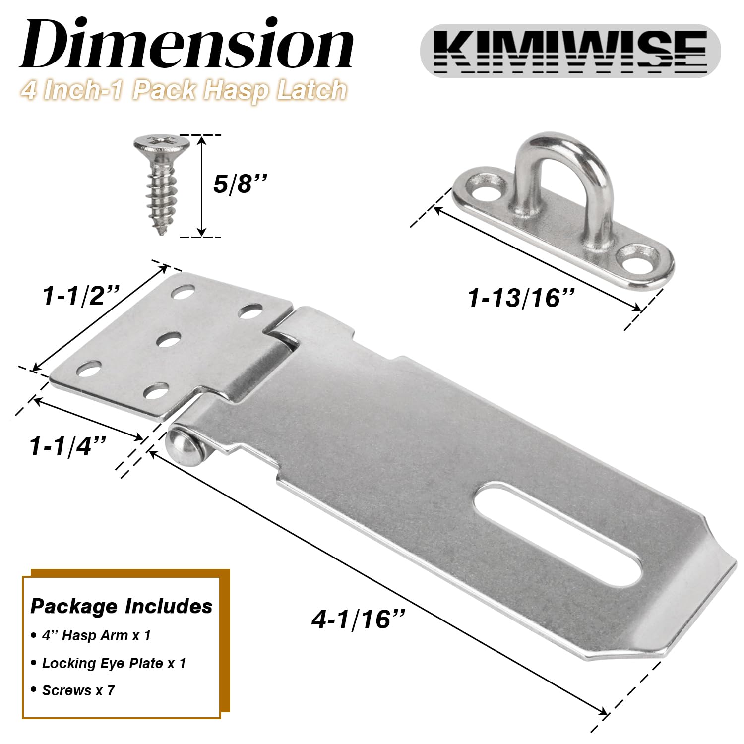 KIMIWISE Stainless Steel Hasp Latch, Heavy Duty Hardware Padlock Latch Can be Used on Gates, Bedroom Doors, Cabinets, Sheds, 4 Inch Safety Door Hasp Latch Lock Comes with Screws, 1 Pack