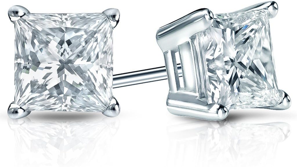 14 KT Gold Plated Sterling Silver (925 kt) Princess Stud Earrings AAA Cubic Zirconia 3.66 Ct