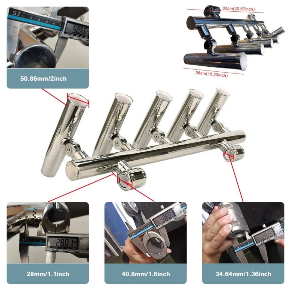 5 Rod Fishing Rod Holders, Adjustable 316 Stainless Steel Fishing Rod Base T Top Rod Holder Rocket Launcher Fishing Rack Rocket Launcher 2 Inch Orbit Clamp 1''-1-1/4'' EFP
