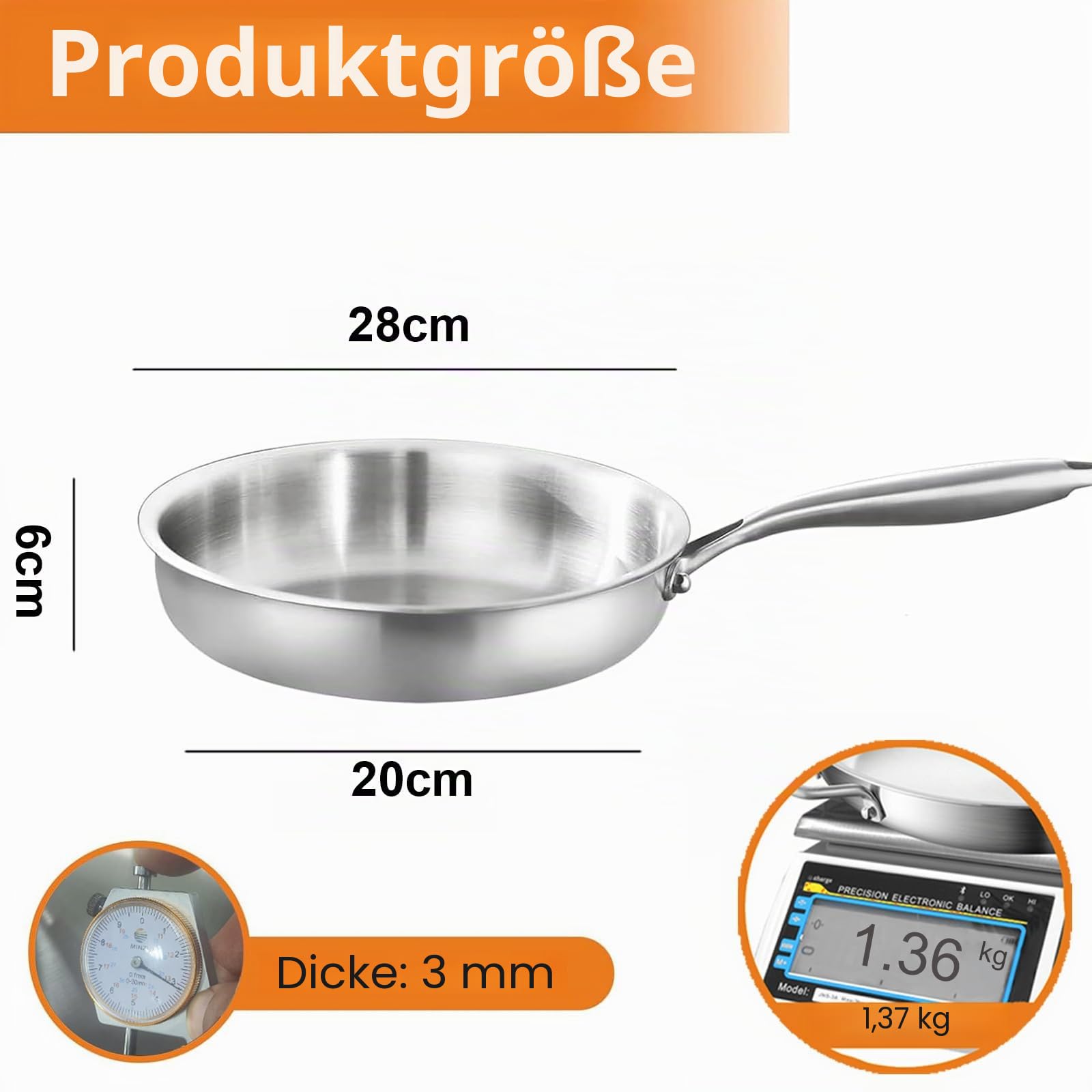 Edelstahlpfanne 28 cm, Durchgehend 3-lagig (3 mm) Bratpfanne