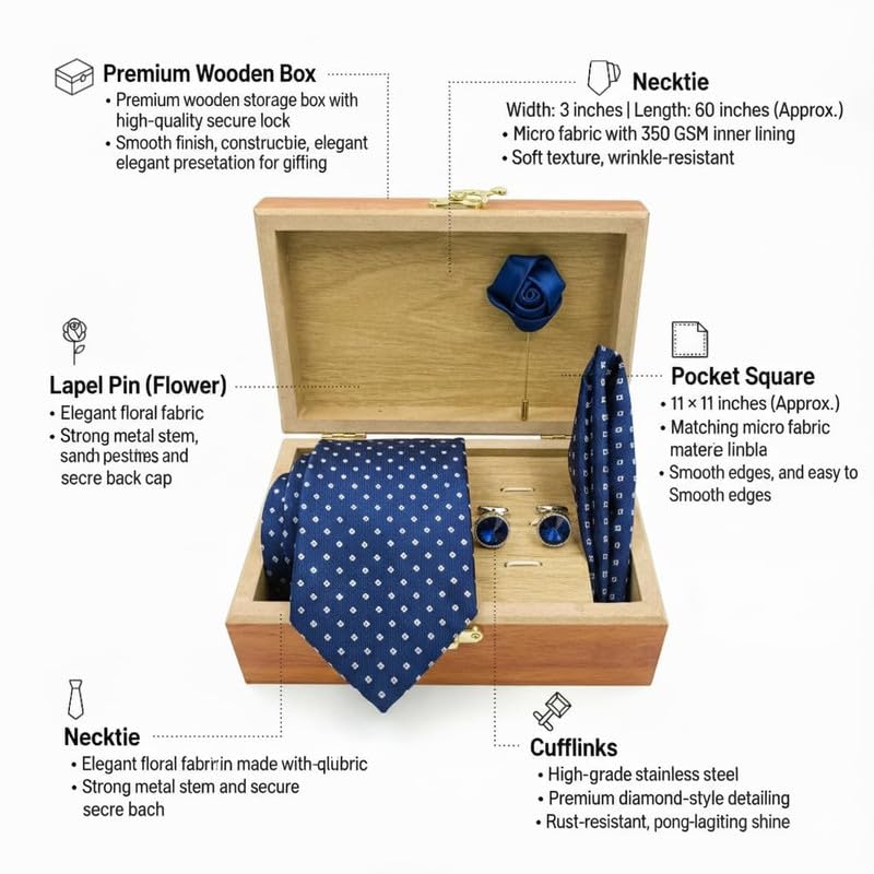 Image of Men's Necktie Gift Set with Wooden Box | Premium Tie, Pocket Square, Cufflinks & Lapel Pin | Elegant Formal Accessories Gift for Men
