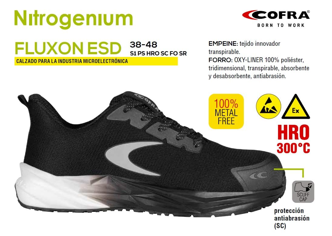 COFRA FLUXON ESD Calzado de Seguridad ESD, Negro, Puntera de Fibra de Vidrio, Plantilla Antiperforación, Resistente a 300°C, Tallas 38-48