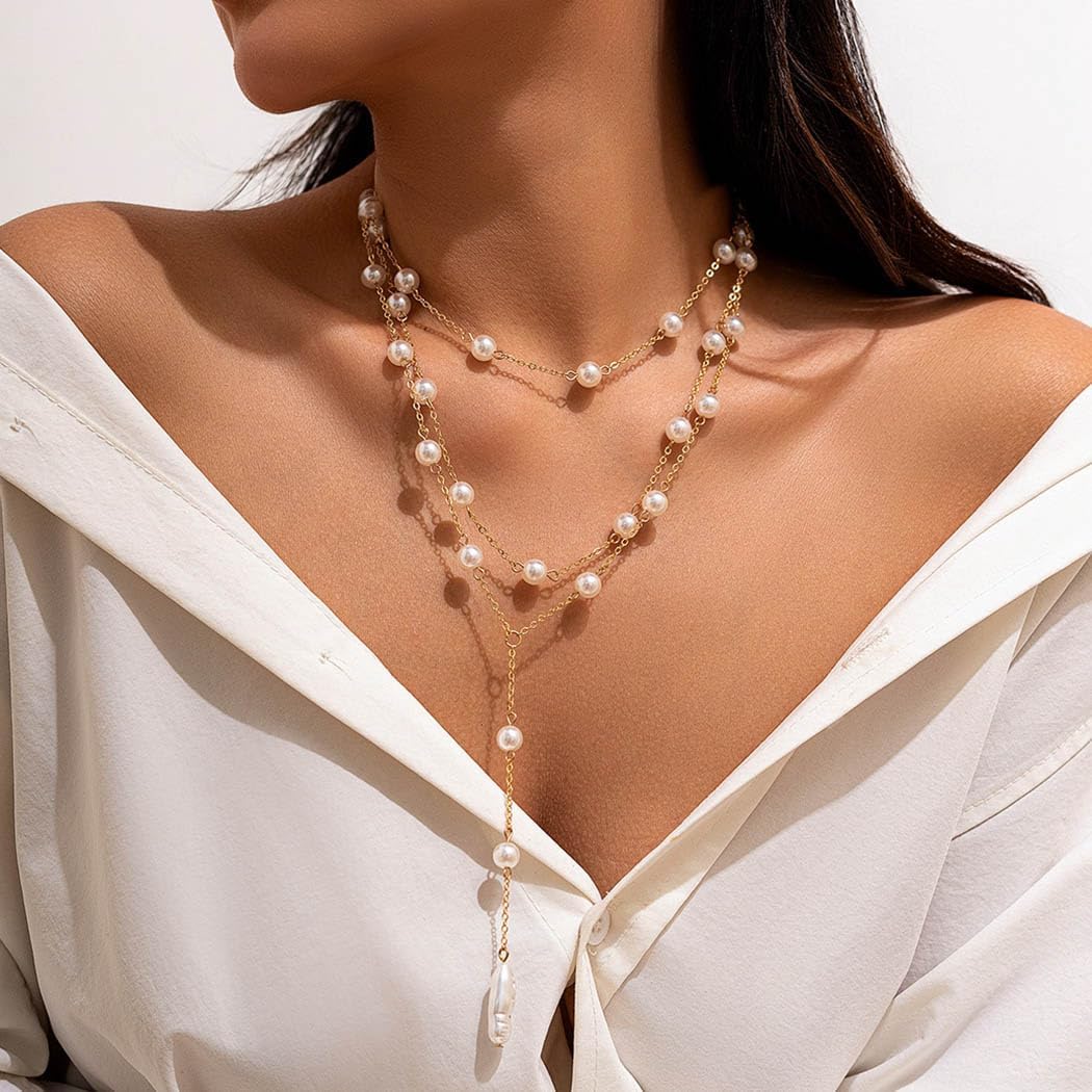 Gangel Y Pendant Necklace Layered Pearl Necklace Multilayer Pearl Bead Choker Necklace Long Faux Pearls Necklaces Vintage Jewelry Water Drop Pearl Necklace for Women - Image 2