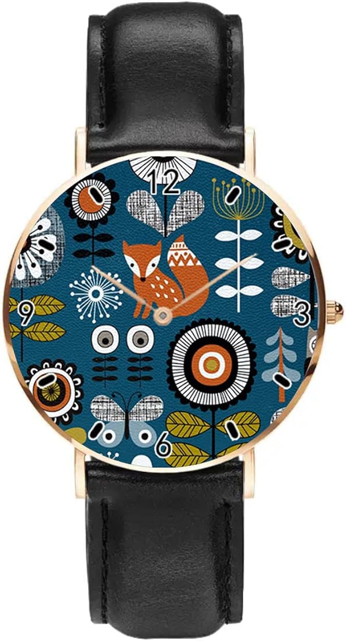 Lindo animal bosque bosque zorro búhos árbol simple relojes para hombres mujeres casual impermeable cuarzo relojes clásico reloj de cuero de negocios, negro