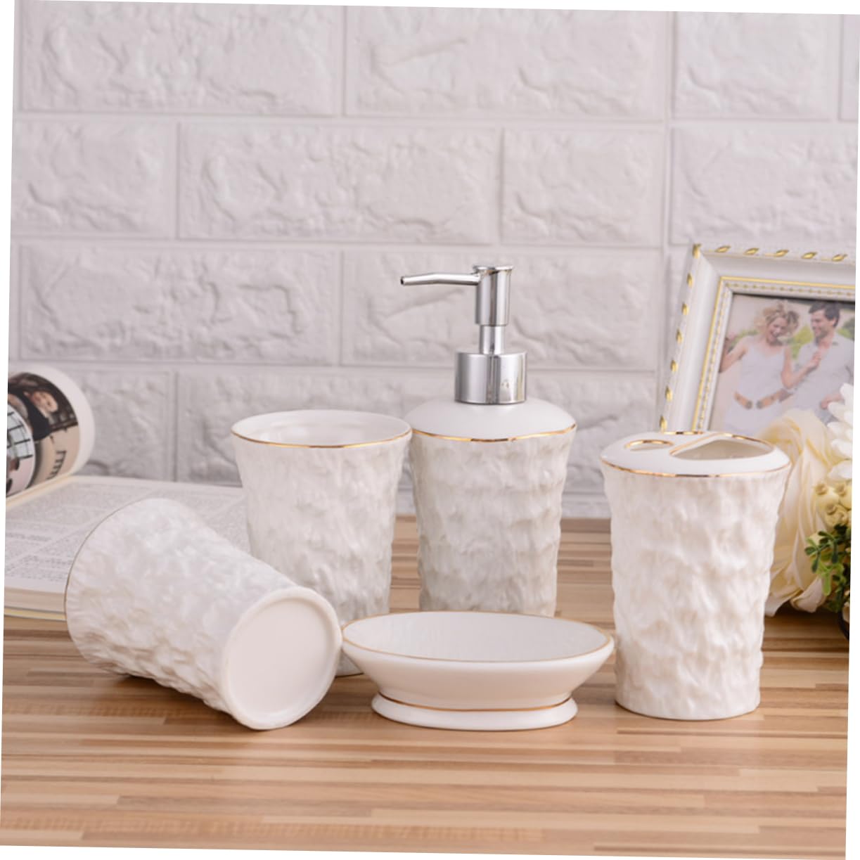 Cabilock Jabonera y Portacepillos De Cerámica Árbol De Pizarra Textura Dispensador De Jabón para Baño Vaso para Cepillo De Dientes Estilo Rústico Accesorios De Baño para Cocina