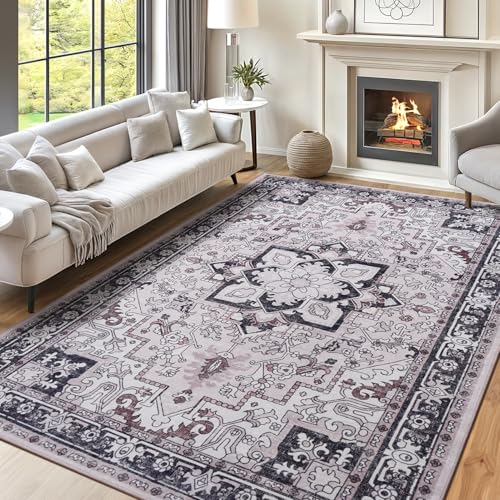 8x10 Area Rugs, Large Area Rug for Living Room, Floral Washable Area Rug for Bedroom, Office, Dining Room, Non-Slip Vintage Boho Rug, Low-Pile Soft Carpet, Traditional Oriental Style, Black and Pink