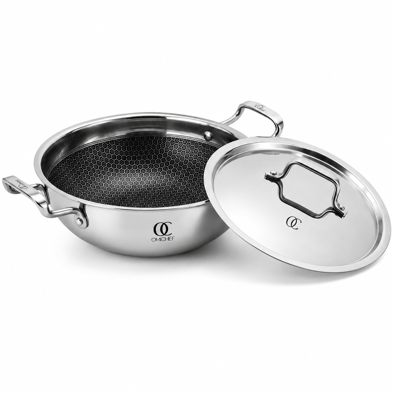 Omichef Triply Honeycomb Kadai/Kadhai with Stainless Steel Lid | Medium 22 Cm (2.1 L, 1.45 Kg) | ISI Certified, Induction & Gas Stove Friendly, 100% Food-Grade & Toxin-Free Cookware (5 Year Warranty)