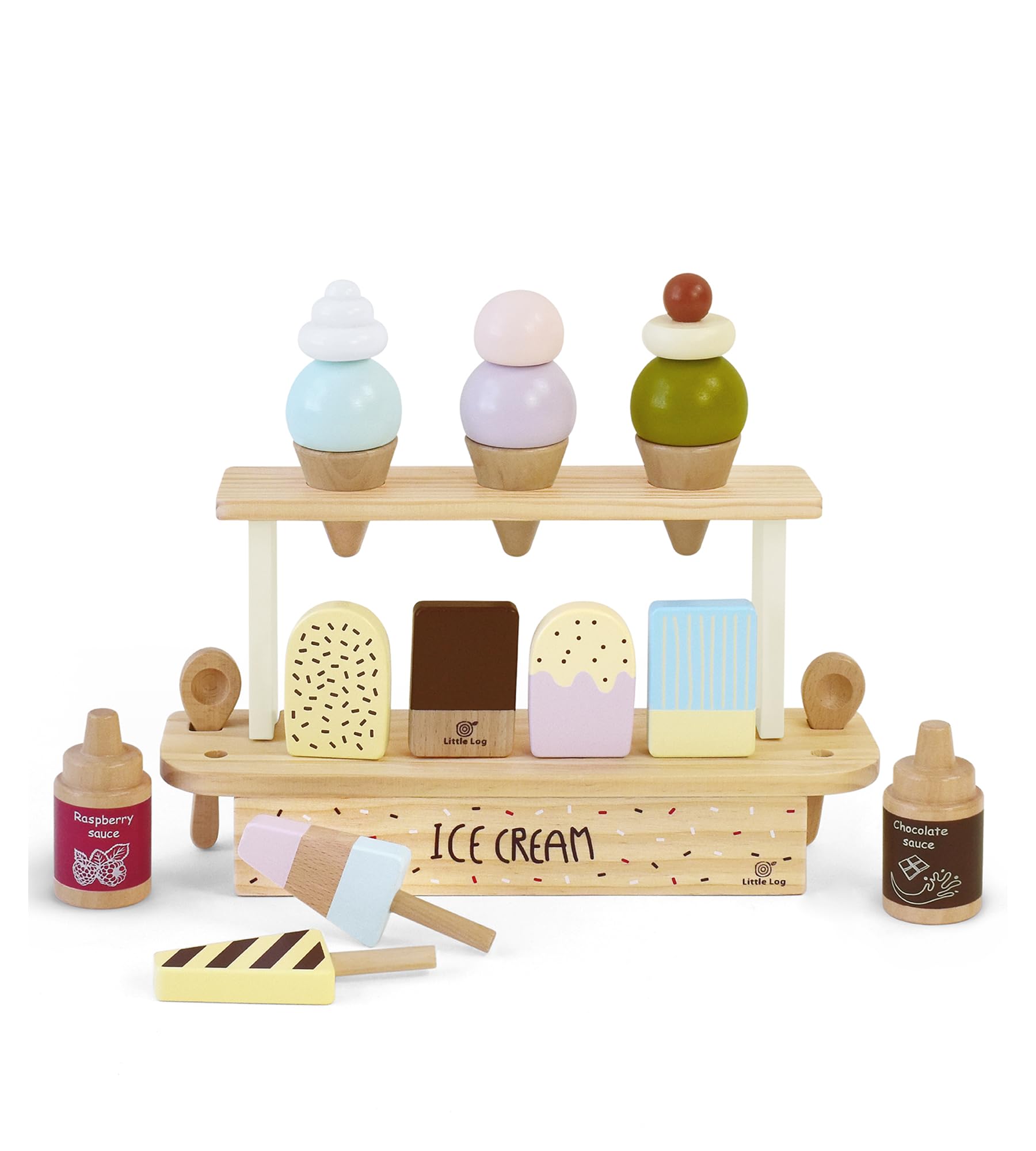 Little Log Wooden Ice Cream Toys Set Pretend Play Food Kitchen Playset Accessories for Toddler Gift for 3 4 5 Years Old Girls & Boys
