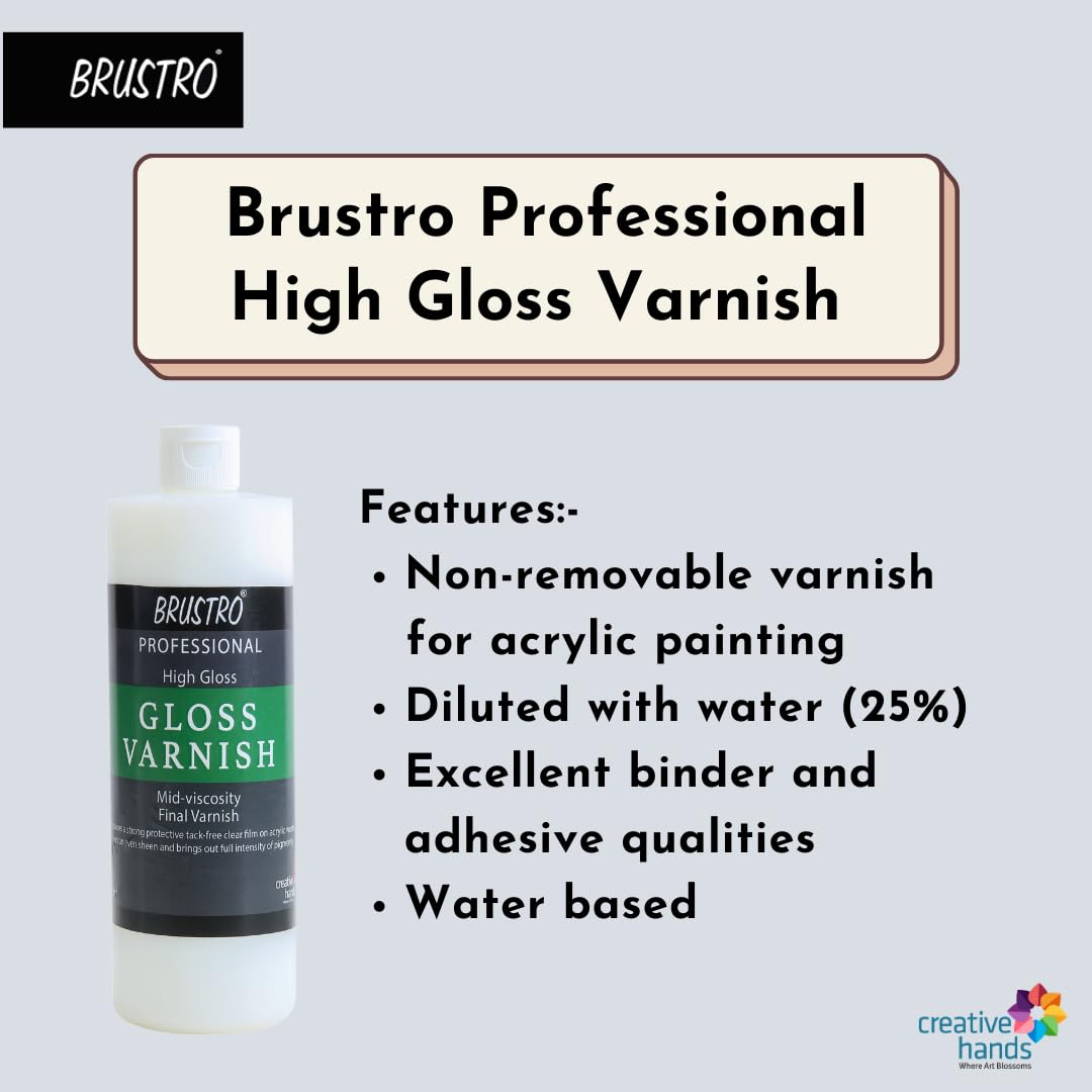 Brustro Barniz líquido profesional de artista, acabado brillante, 500 ml, aplicar con pincel, revestimiento perfecto en pintura acrílica, no amarillea, transparente, lienzo, papel, protección de obras