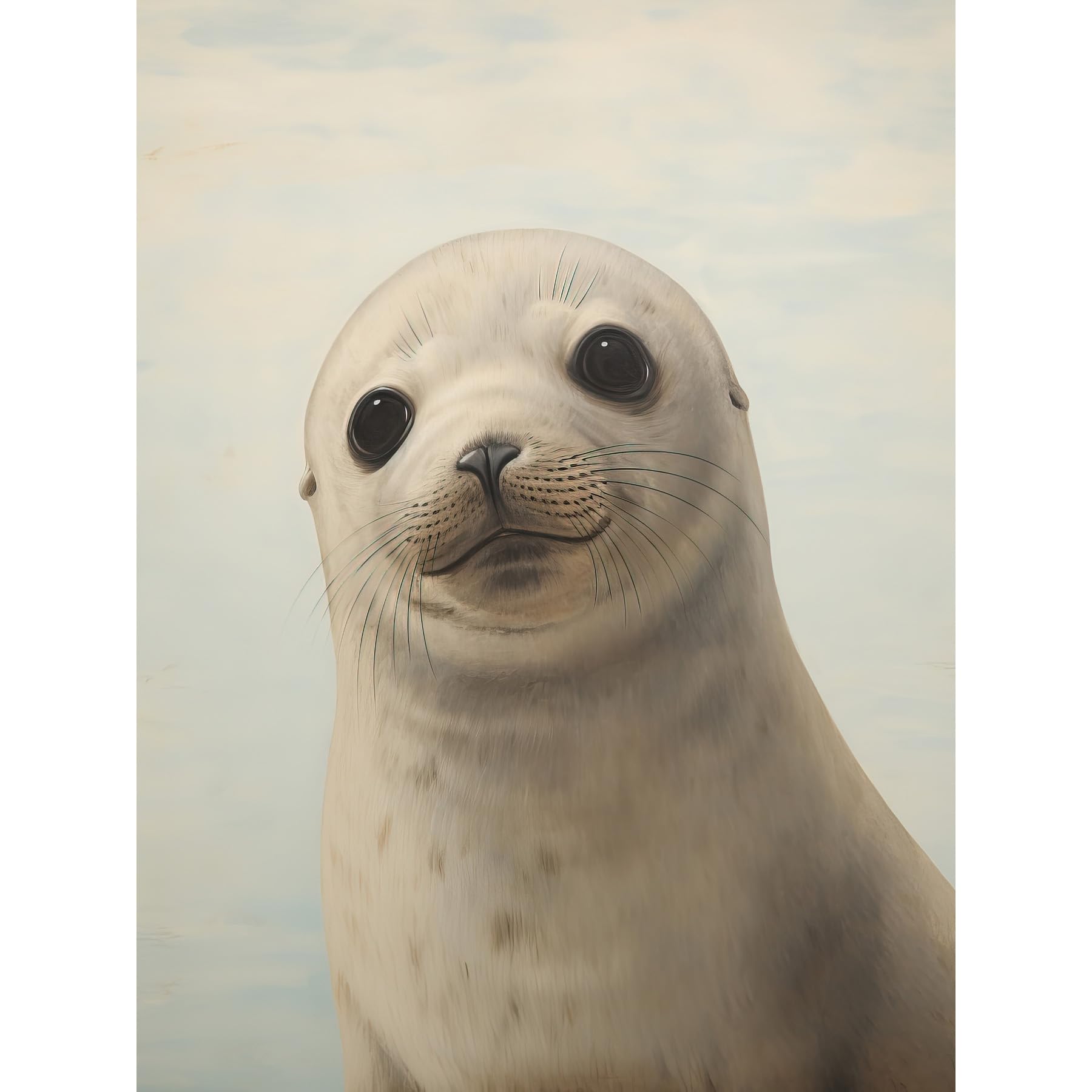 Artery8 Baby Seal Pup Portrait Oil Painting Wall Art Poster Grey W24" x H32"