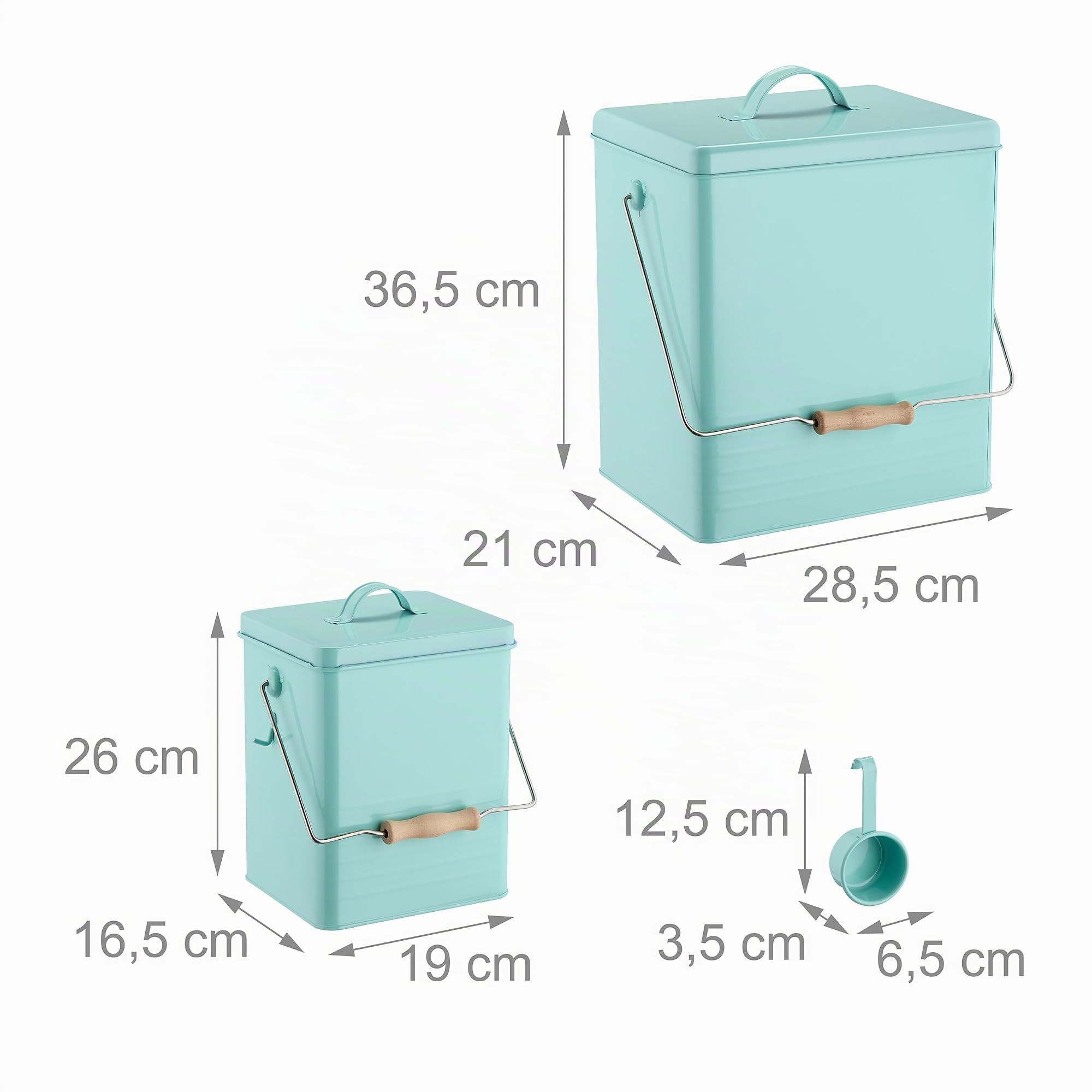 Relaxdays Boîte de Conservation, Lot de 2, 2 Tailles, avec Couvercle & cuillère, Fer, récipient croquettes, Turquoise