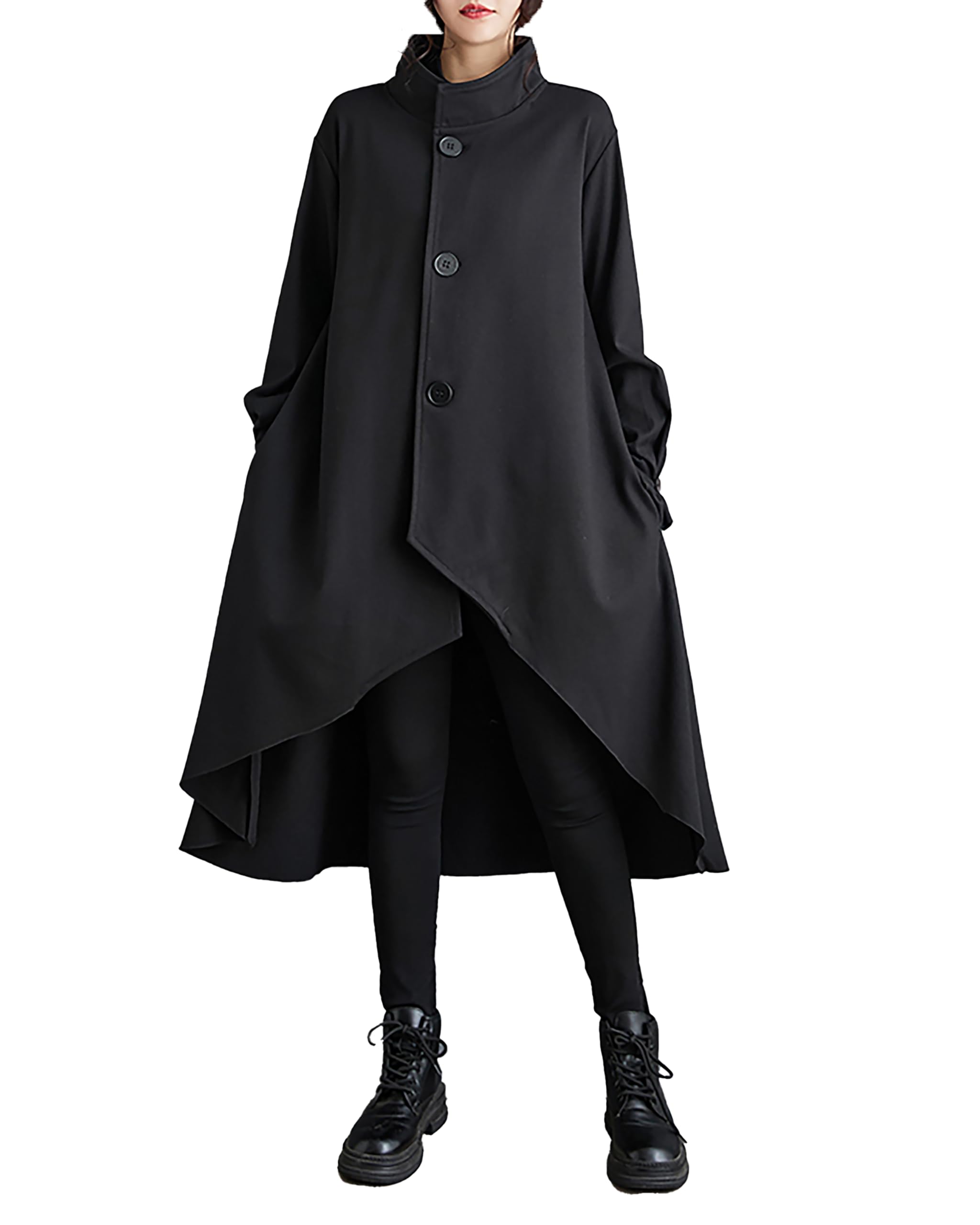 ellazhu Women's Coat High Neck Button Down Long Sleeve High Low Flowy Hem Solid Loose GZ294 A-picture-38