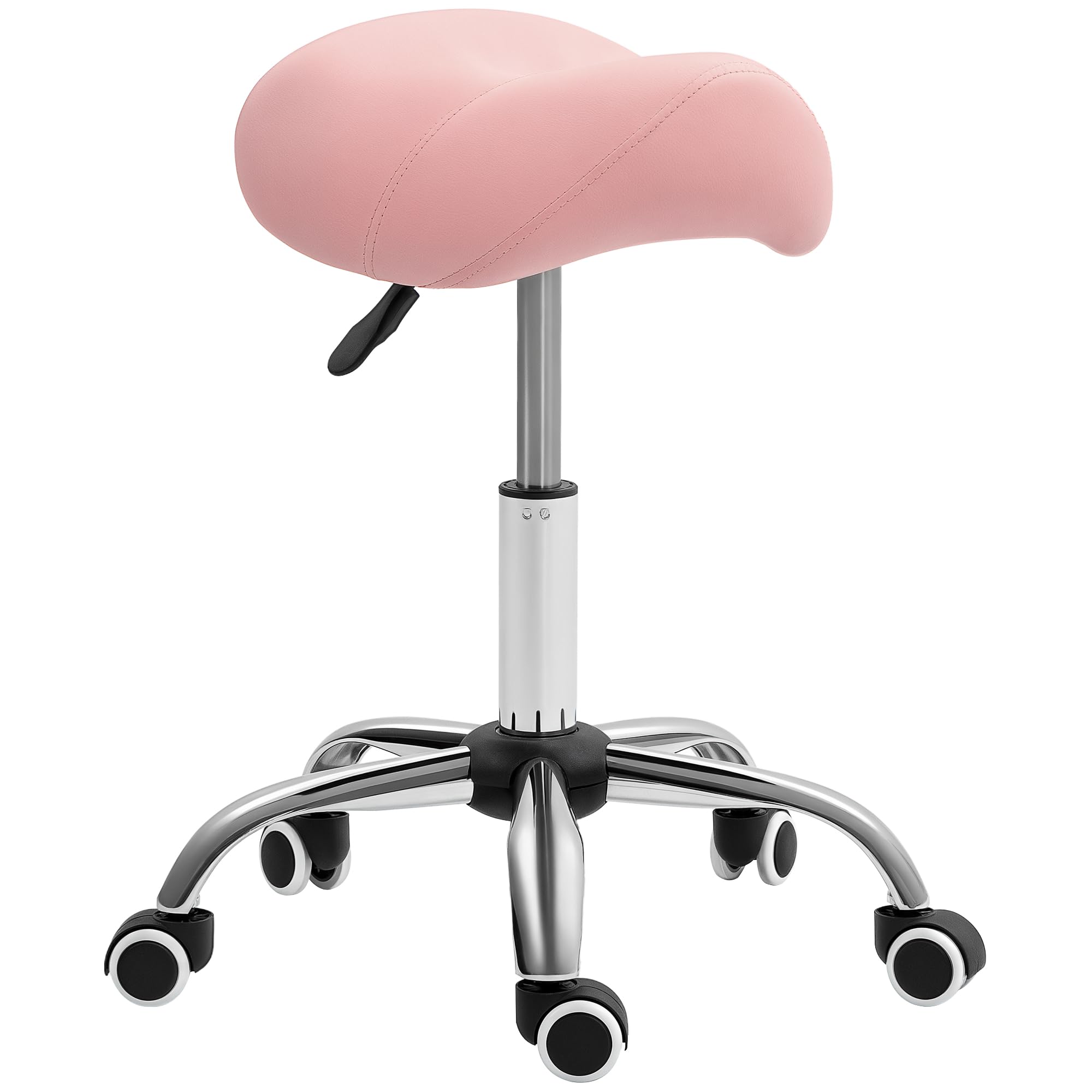 HOMCOM Rollhocker höhenverstellbar 49-61 cm Arbeitshocker 360° drehbar Hocker Bürohocker Sattelhocker für Büro Salon Massage Spa Rosa