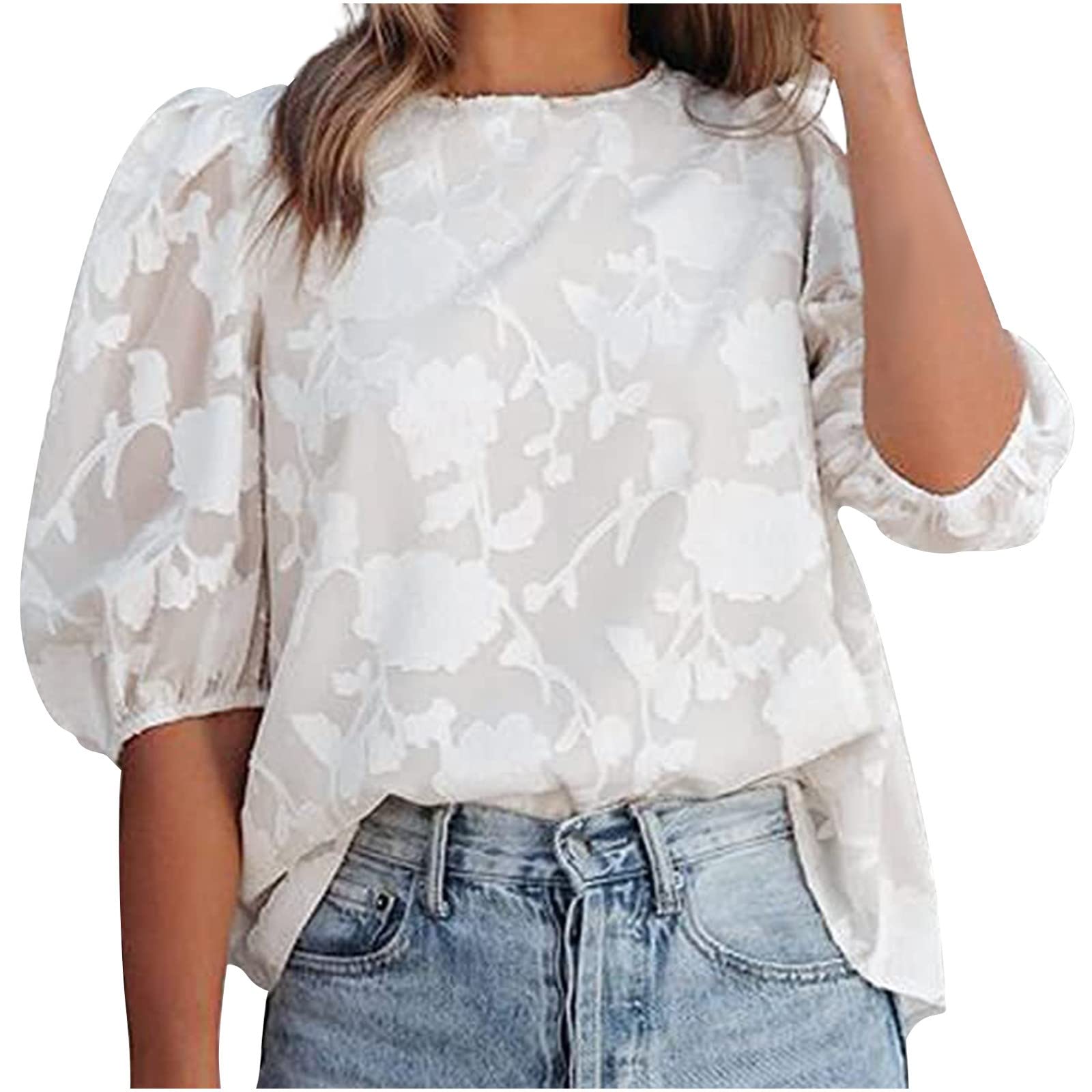 Women Blouse Party Elegant Short/Long Sleeve Tops for Work UKFashion Summer Round-Neck Short Sleeve Solid Casual Shirt Blouse Business Office Top Ladies Loose Shirt Blouse for Spring/Summer