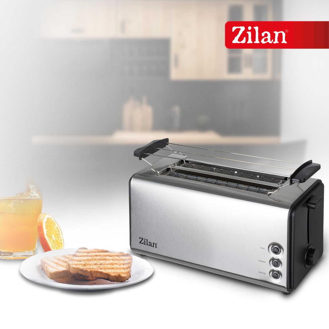 Zilan, Grille-pain à fente longue, 4 tranches de Toastautomatique, XXL, 5 niveaux de rôtissage, accessoire de pain, fonction décongélation, tiroir ramasse-miettes en acier inoxydable