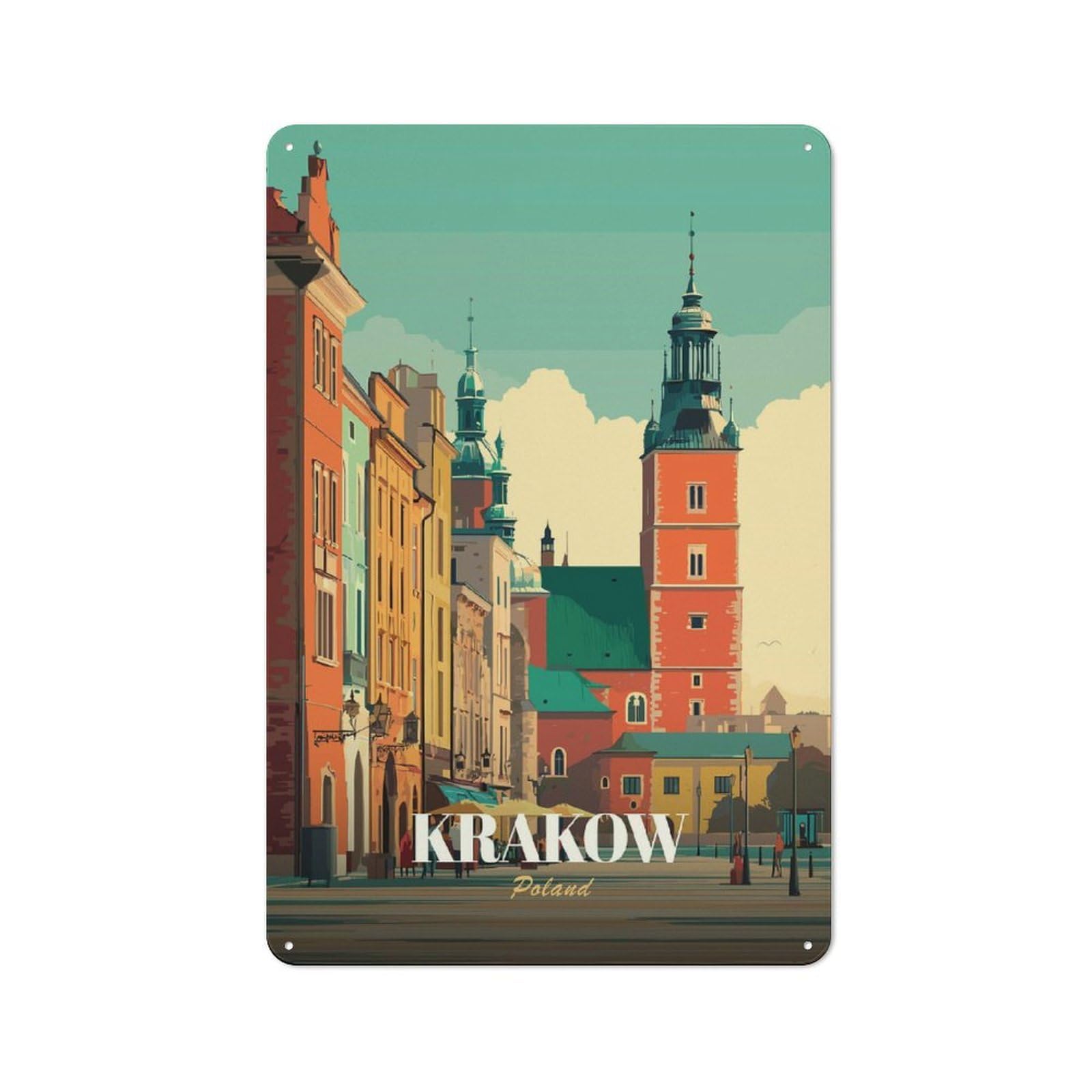 Krakow, Poland Cityscape Illustration(2) Decorative Tin Sign 30x20cm, Distressed Look Vintage Wall Decor for Lounge, Study, Pub Or Wall Gallery
