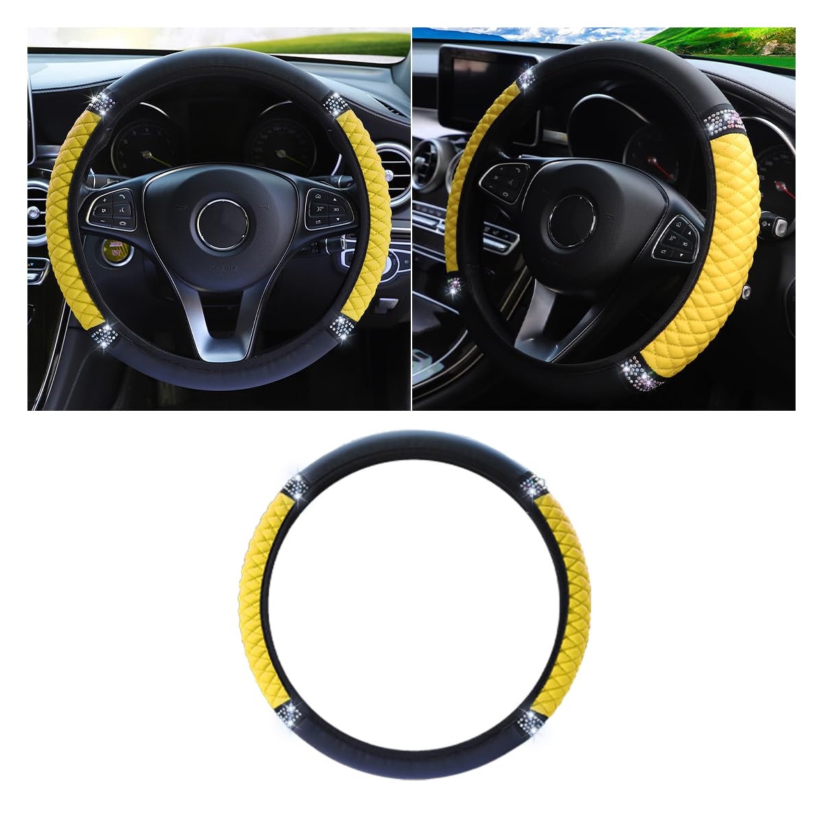 JOYCOURT 15 Inch Bling Soft Leather Car Steering Wheel Cover, Yellow