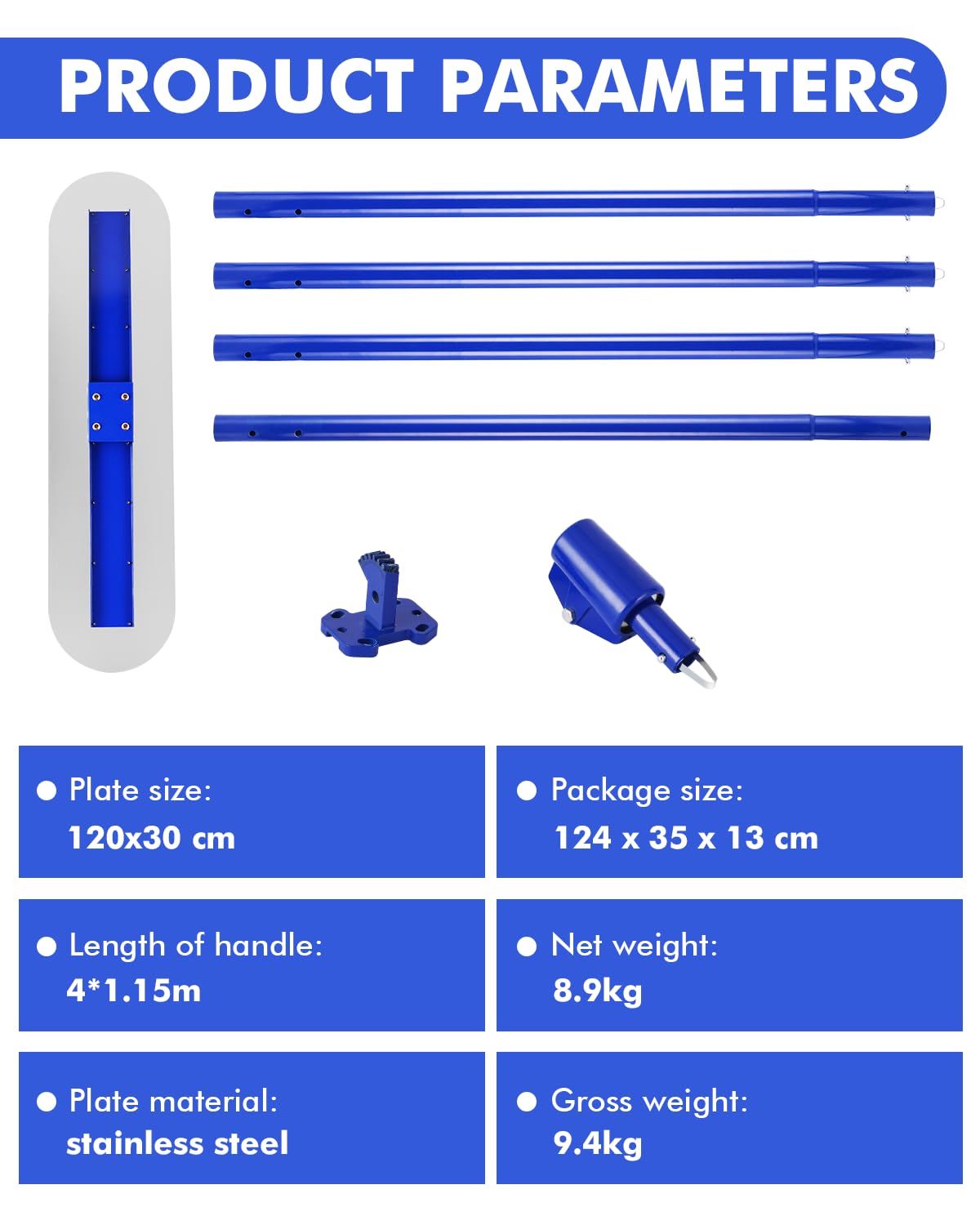 Rascador de hormigón Bull Float de 120 x 30 cm, de acero inoxidable – Mangos ajustables de 4 x 1,15 m, herramienta profesional para el acabado de cemento en pavimentos, suelos y losas – Kit completo c