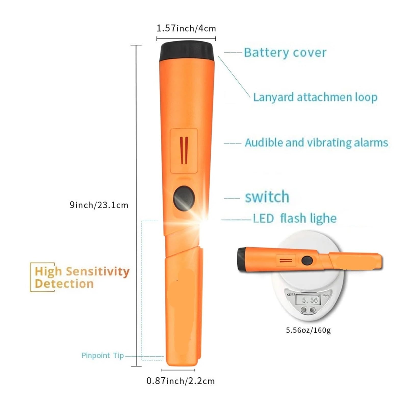 Détecteur de Métaux, Détecteur de métaux portatif TC-110 avec Tige positionnement et Protection Anti-Rayures(Oranje)
