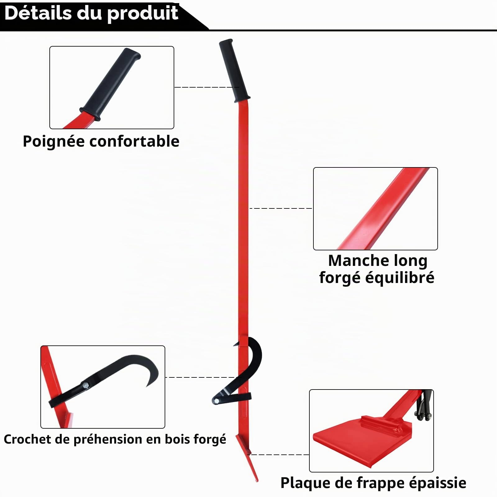 UISEBRT Lève-tronc professionnel 130 cm pour abattre les arbres, avec crochet réversible, aide à l'abattage jusqu'à 250 kg, aide à la rotation pour le travail du bois