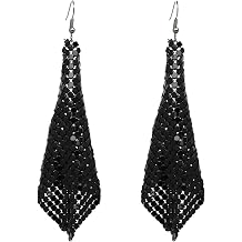 Mesh Sequin Tassel Long Drop Earrings for Women, Lightweight Metal Grid Fringe Dangle Earrings, Colorful Sparkly Alloy Wedding Bridal Party Jewelry 1 pair
