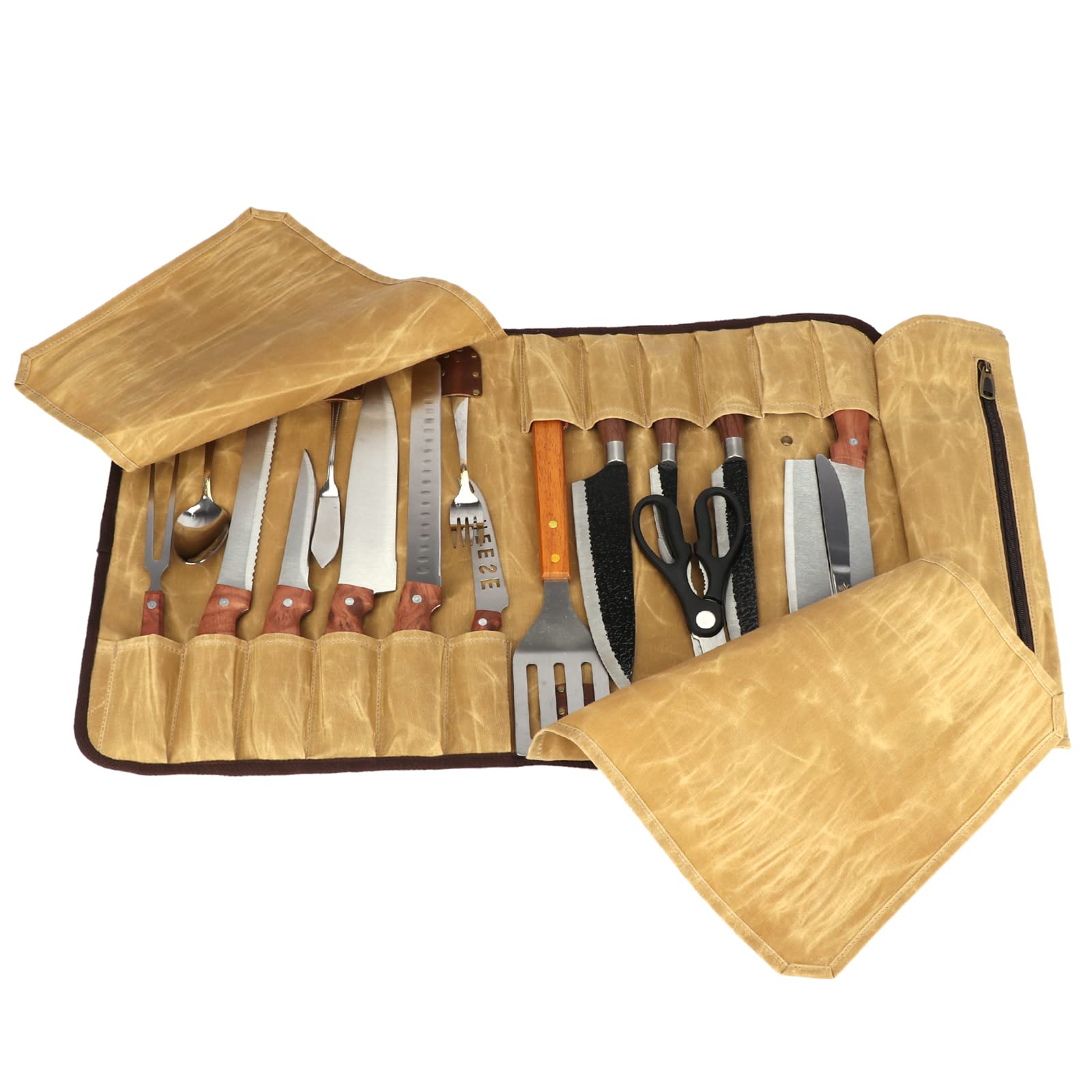 TOURBON - Bolsa enrollable para cuchillos de chef, 12 ranuras, lona encerada y cuero, organizador portátil de herramientas de cocina, Brown, 65*39.5cm (unfold), Organizador de bolsas