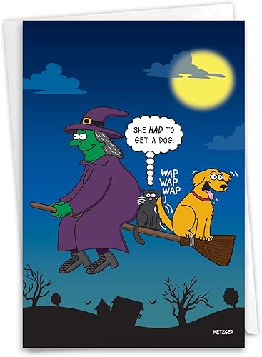 NobleWorks - Divertida tarjeta de felicitación de Halloween para cachorros con sobre de 5 x 7 pulgadas (1 tarjeta) perro bruja C10153HWG