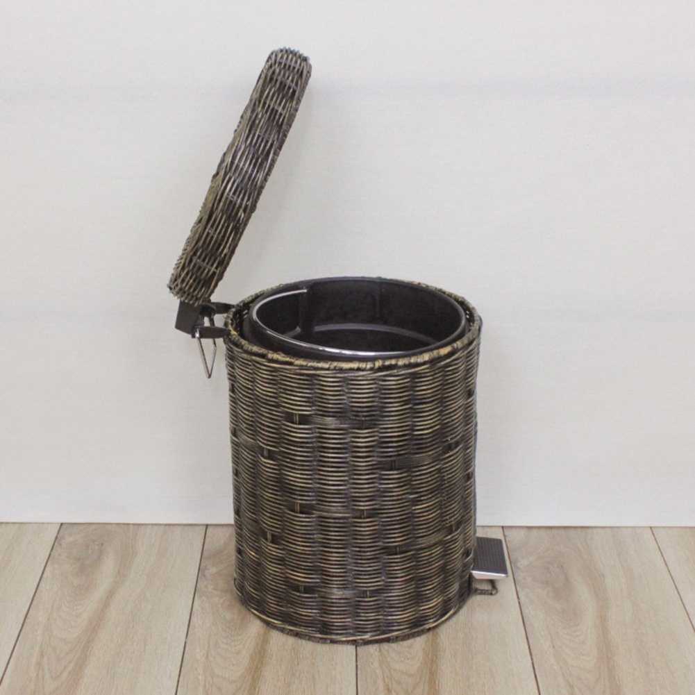 Set Bagno 2 Pezzi Design Rattan - Cestino Pedale 20L E Scopino WC - Colore Marrone Scuro, Plastica Robusta, Stile Mediterraneo - 3