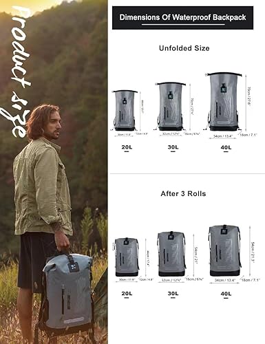 Miniatura 4 de Mochila Idrybag impermeable para deportes acuáticos, saco estanco para senderismo, con tiras de hombros, de 5.28, 7.93 y 10.57 galones