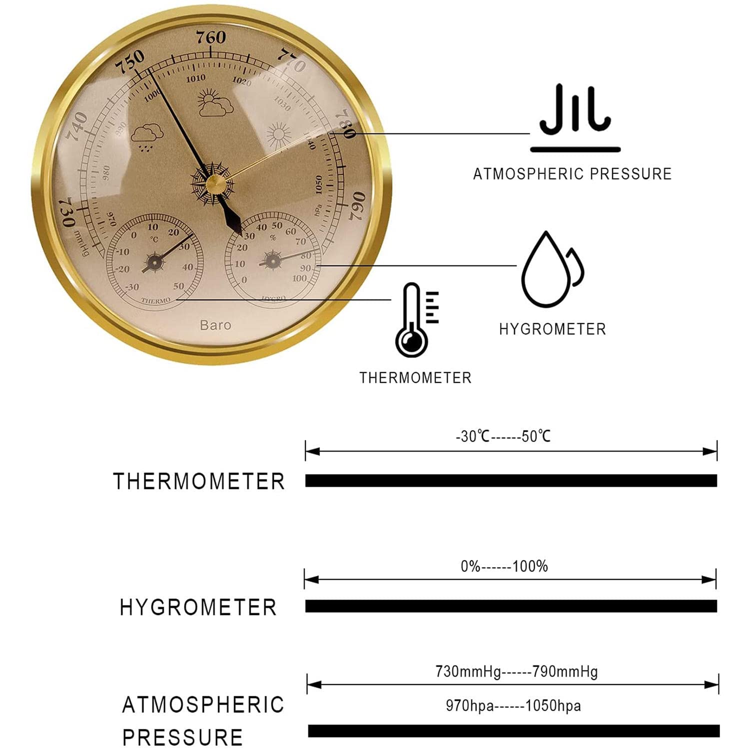 JINYISI Baromètre extérieur, baromètre 3 en 1, thermomètre, hygromètre, baromètre, baromètre, instruments météo, baromètre domestique à fixation murale