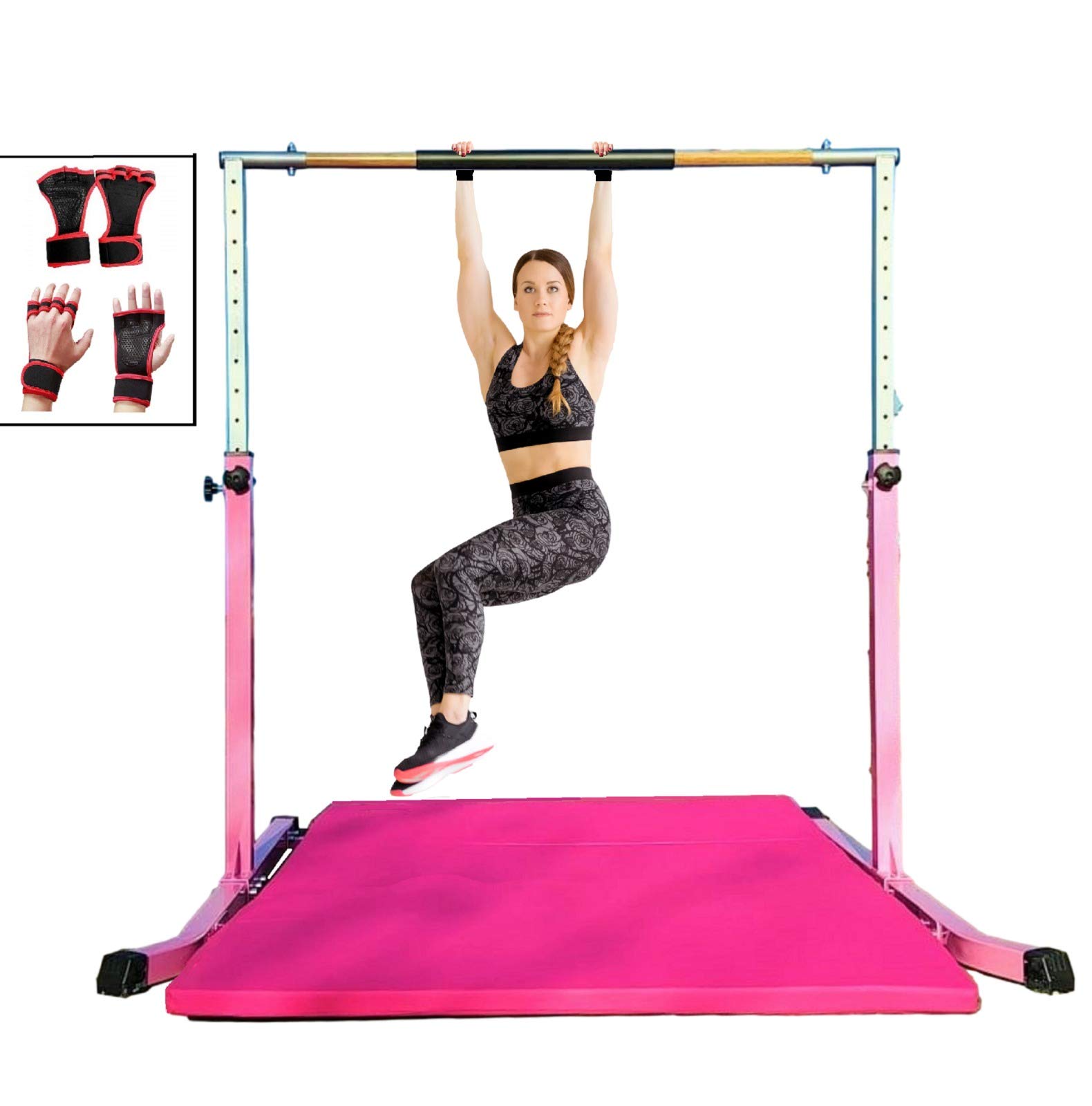 Gymnastic Kip Bar Horizontal Bar Expandable Height for Kids Junior Gymnastics 4'x6' Mat- Adjustable 3 to 5 FT - Gymnastic Bar with Cushioned Bar Pad for Fiberglass Rail with Curved Legs, Gloves (Pink)