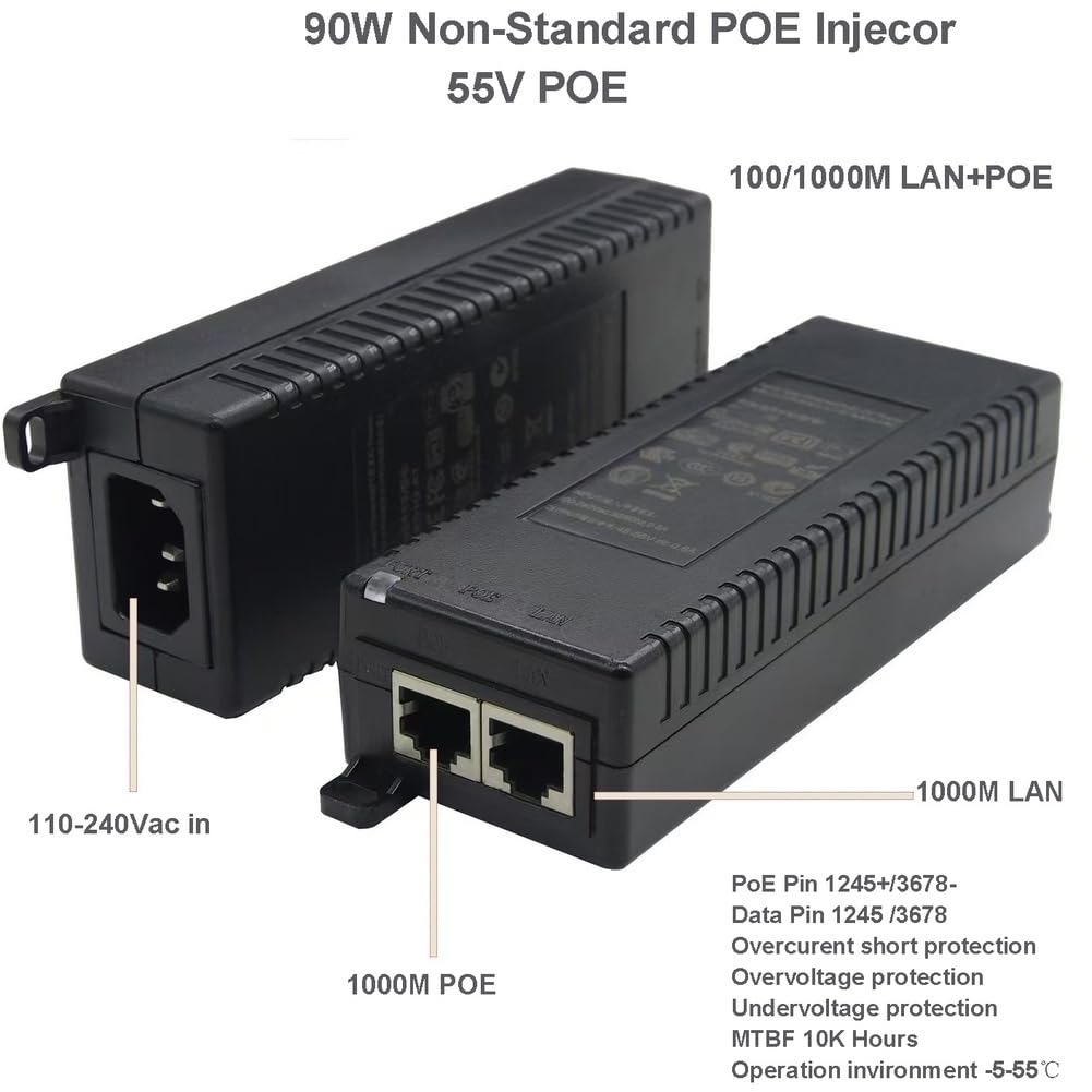 Dispositivo Inyector PoE 90W 55V Gigabit para Red de Vigilancia
