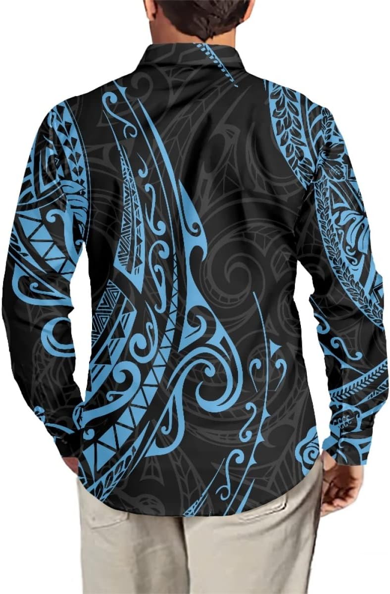 ENLACHIC Men Polynesian Tribal Print Long Sleeve Casual Button Down Beach Hawaiian Shirts Dress Shirts