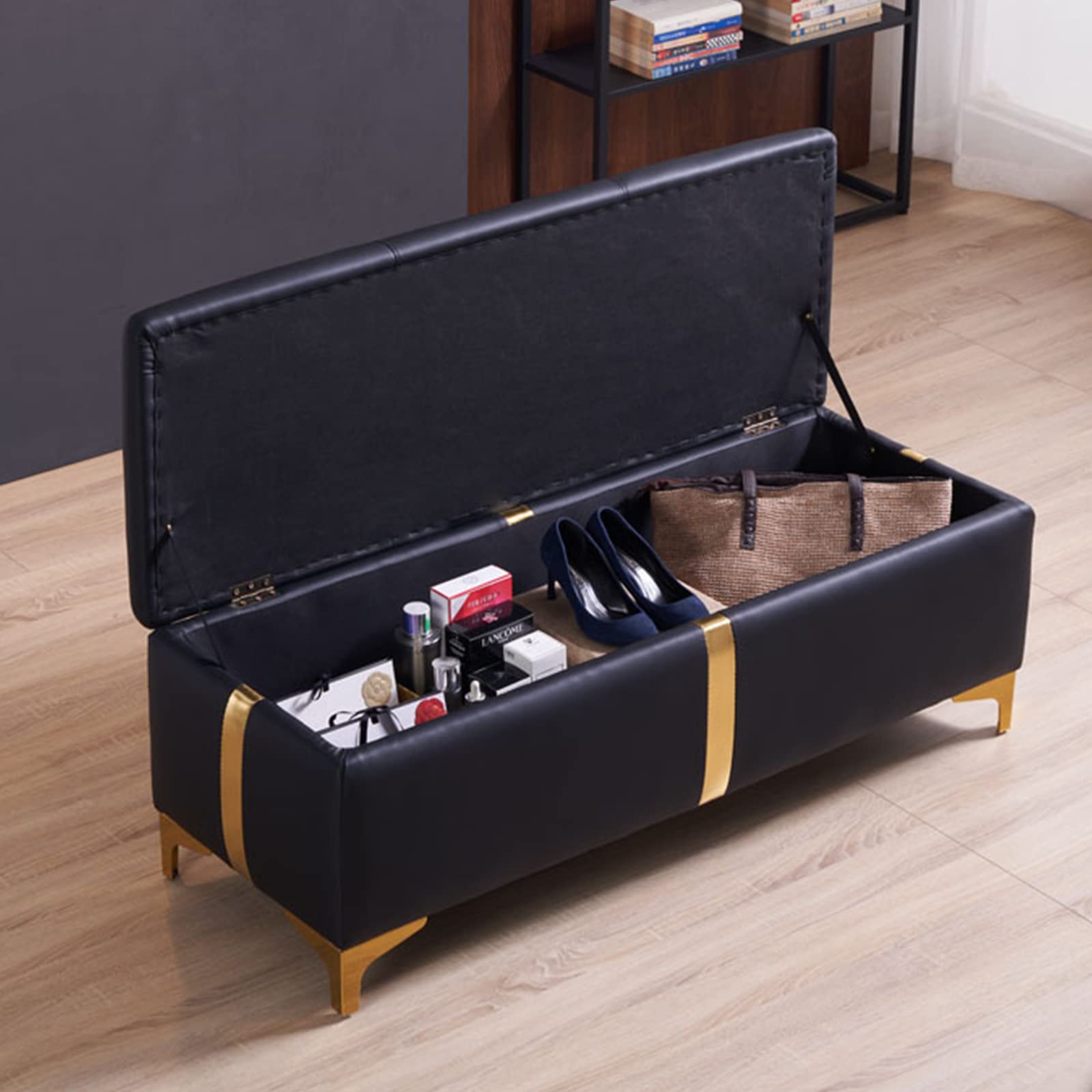 Banco rectangular de almacenamiento tapizado de cuero con patas de metal, color beige, 80 x 45 x 42 cm, ideal para sala de estar, dormitorio, entrada, pasillo