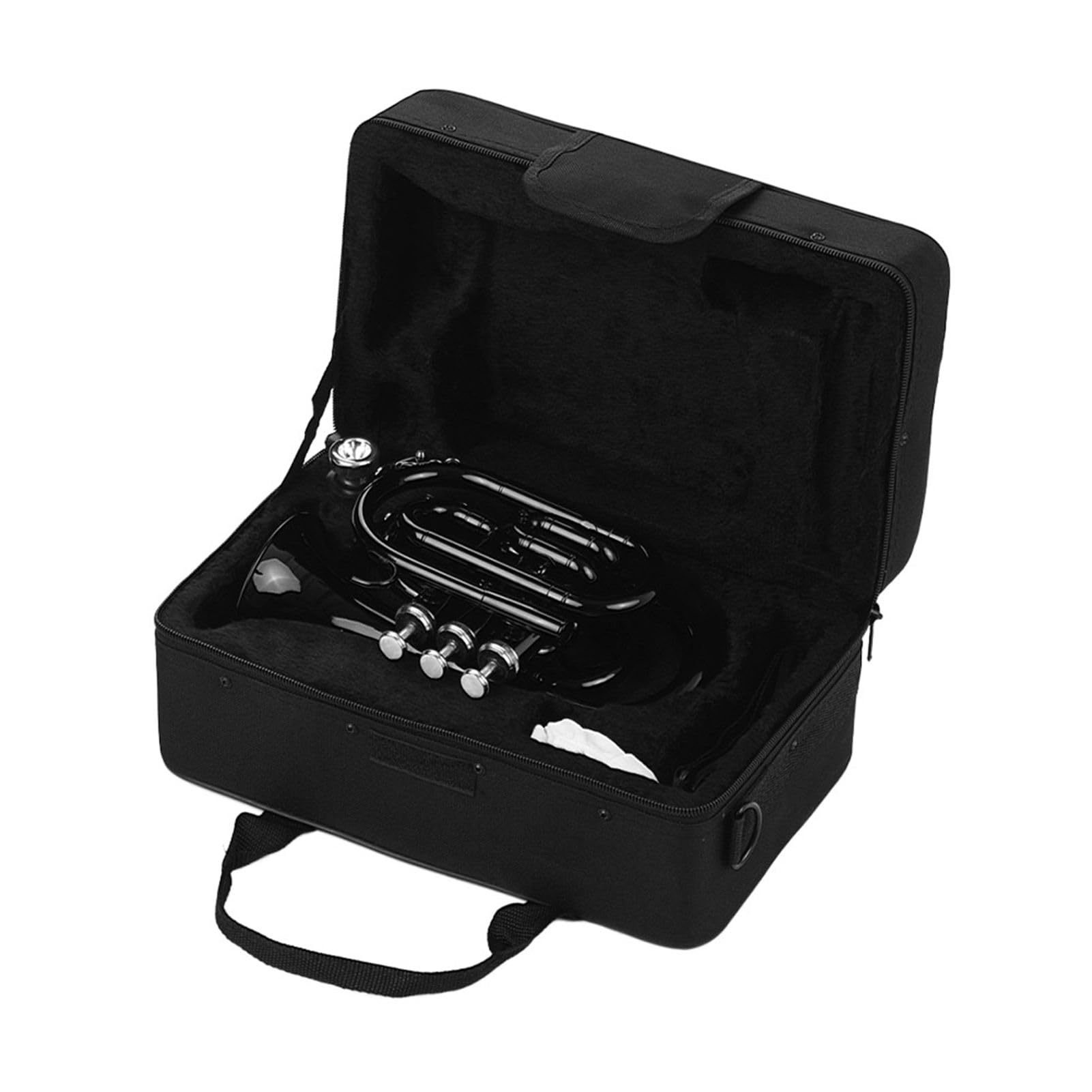 HUIOP Mini trompeta de bolsillo Bb, instrumento de viento de Material de latón plano con boquilla, guantes, paño de limpieza, Estuche de transporte