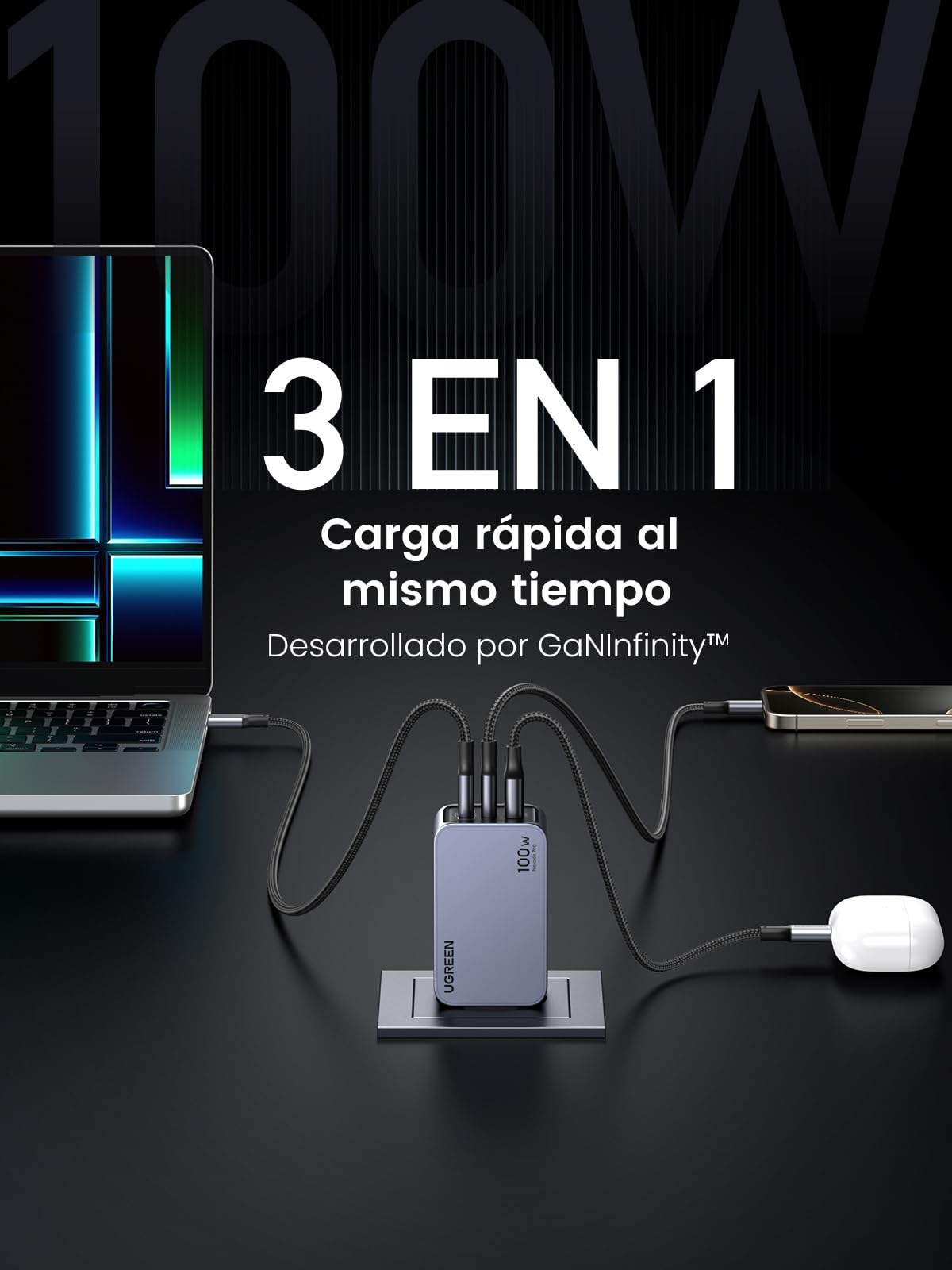 UGREEN Nexode Pro 100W Cargador USB C Carga Rápida GAN Adaptador | 3 Puertos PD 3.0 PPS 45W Compatible con Galaxy S26 S25 Ultra MacBook iPad iPhone 17 Pro MAX Air 16 Steam Deck