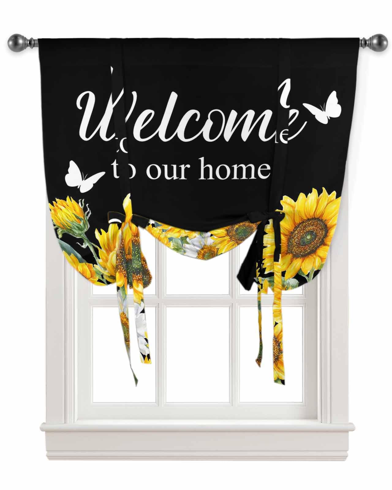 Tie Up Curtains for Windows Welcome Home Sunflower Funny Words Rod Pocket Window Shade Adjustable Balloon Curtain Valance Black Yellow for Bedroom Kitchen Bathroom Blinds,34x45In