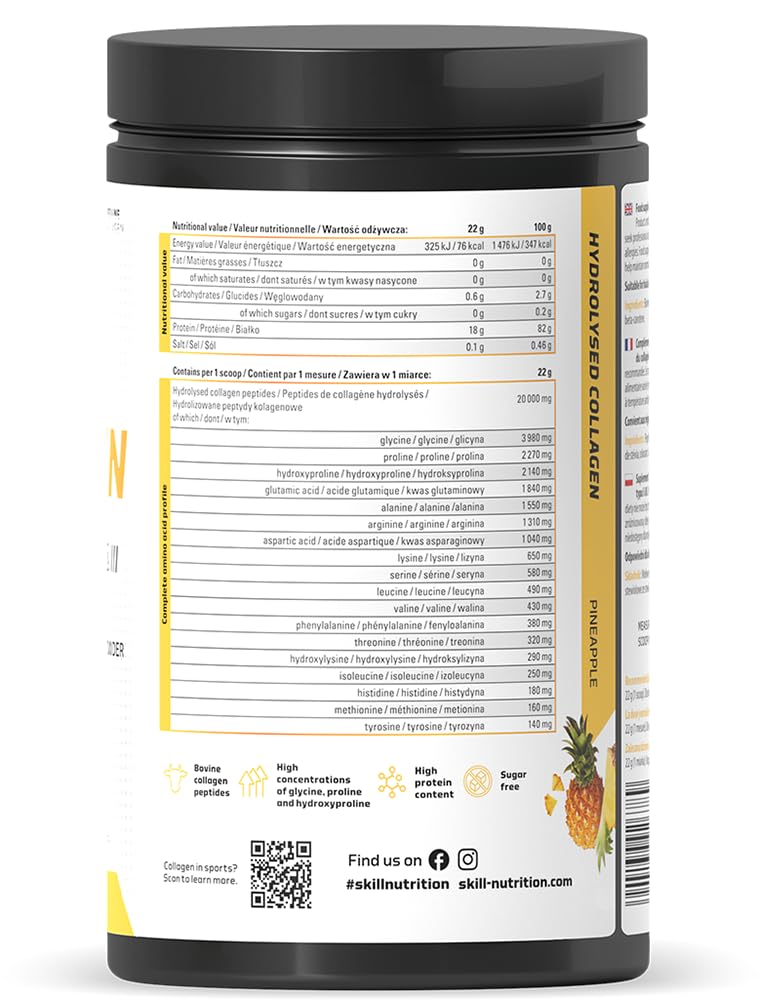 SKILL Nutrition Peptides de Collagène Hydrolysé Type I & III | Saveur Ananas | 18 Acides Aminés : Glycine, Proline | Haute Biodisponibilité | Soutien Peau, Cheveux & Articulations | 660g