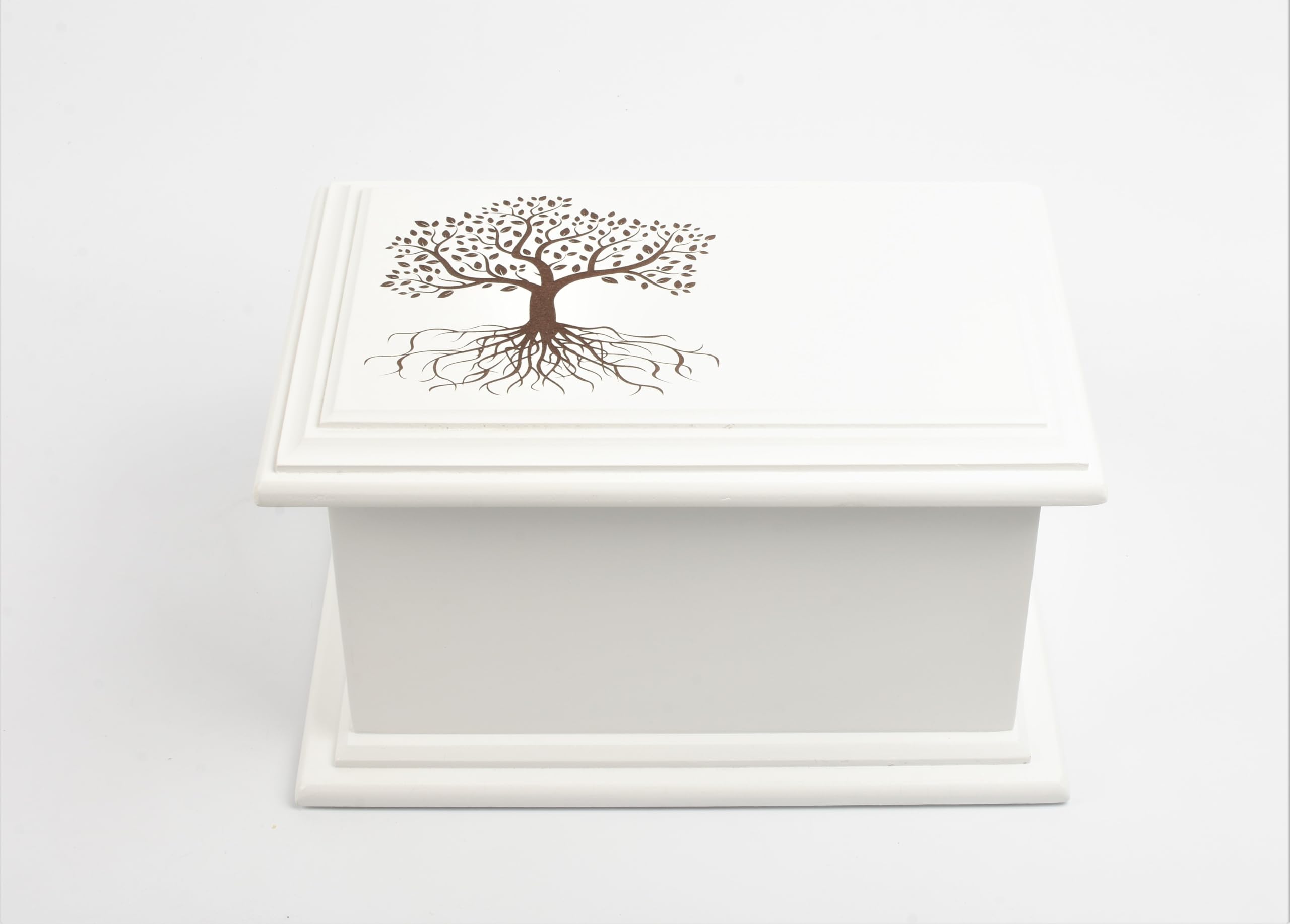 MDF White Painted Casket Urn Box – Refined Memorial Ashes Container with Secure Screw Bottom – Peaceful Tribute Design (Medium, Tree)