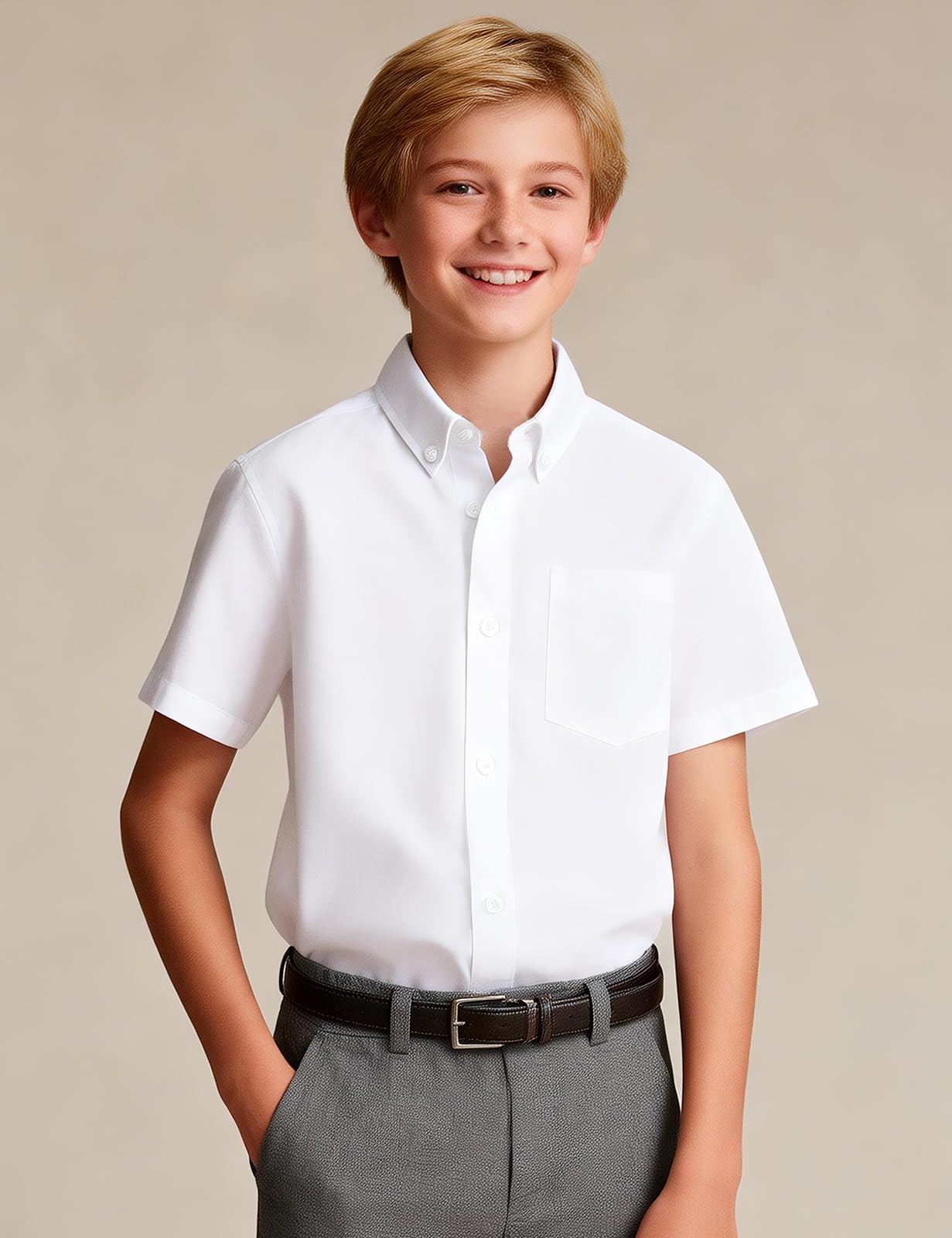 mintgreen Garçons Chemises Scolaires Enfants Coton À Boutons Uniforme Unie Manches Courtes Vêtements, 7-14 Ans