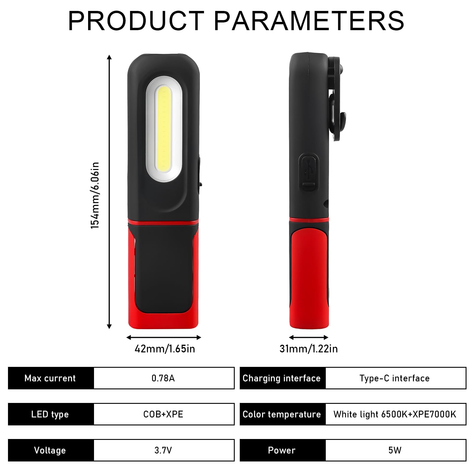2 lampade da lavoro a LED, batteria da 1200 mAh, COB da officina con gancio e base magnetica, 3 modalità di luce da 5 W, torcia LED ricaricabile, torcia da officina con funzione girevole a 360°, per