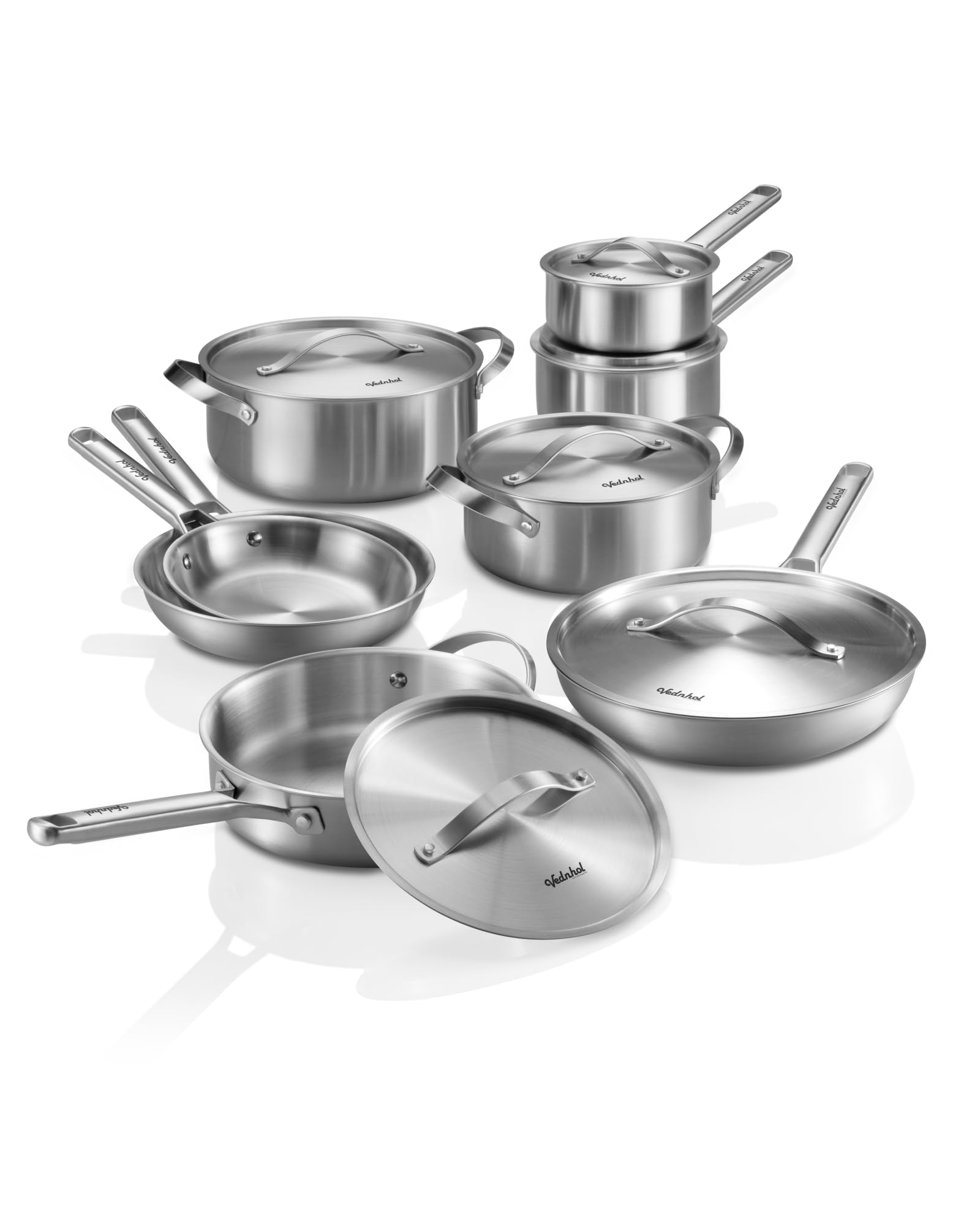 Stainless Steel Cookware Set, 14 Pcs Tir-Ply Pots and Pans Set, PFOA&amp;PTFE Free, Dishwasher&amp;Oven Safe, Kitchen Induction Compatible, ollas de acero inoxidable para cocinar