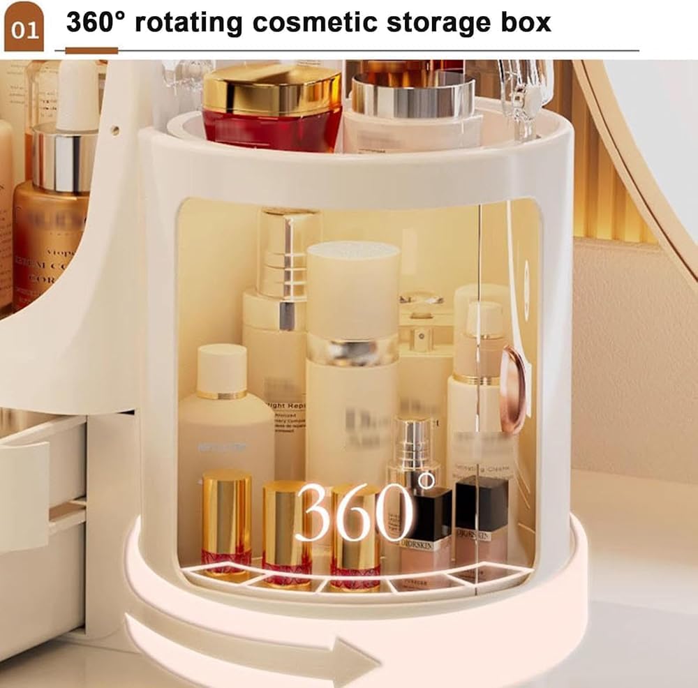 Makeup Organizer with LED Lighted Mirror | 3 Color Settings | Dustproof Cosmetic Storage Display Case | Skincare Organizer for Bathroom, Bedroom & Dresser(Color:Pink)